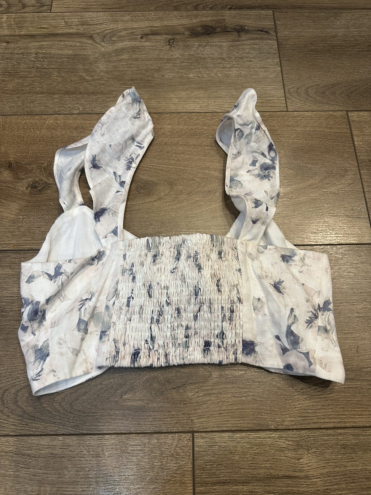 Cami Layla Linen Crop Top Floral Print Size Small Tie Front Ruffle Flutter Strap