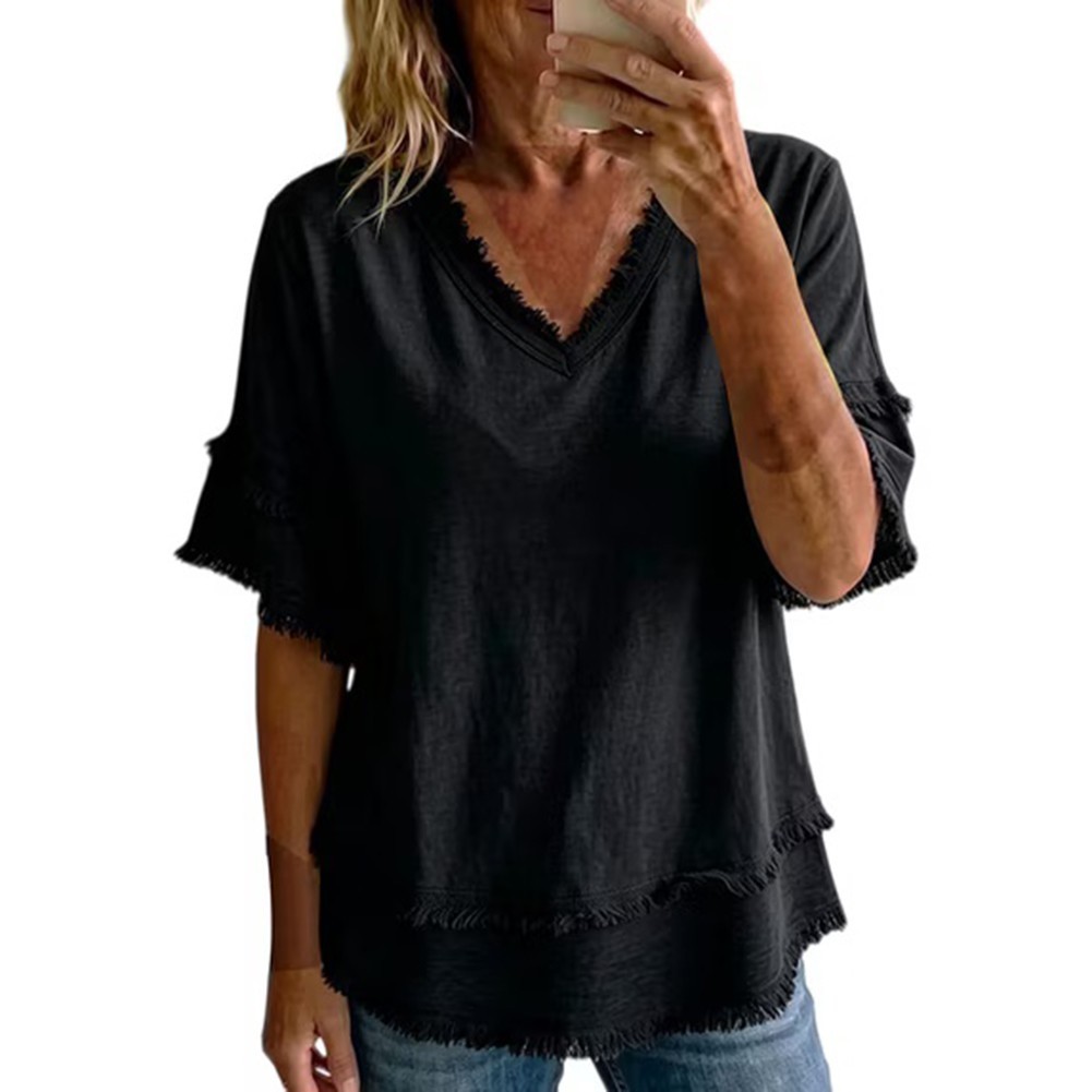 Casual Loose Fit Women’s Solid Color Short Sleeve Top V Neck Summer Polyester