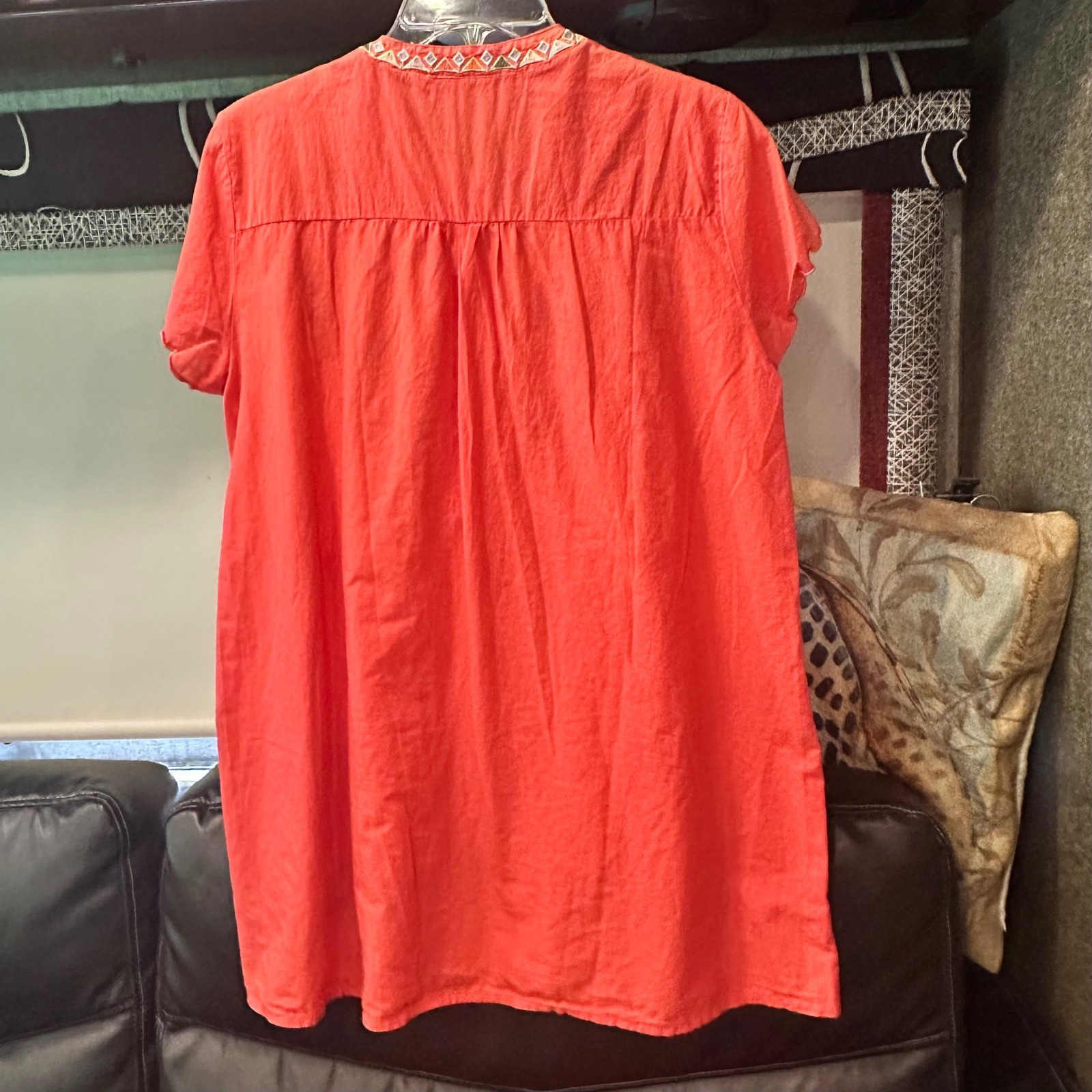 Misslook Orange Embroidered Boho Floral Tunic Top Short Sleeve Cotton Blend Sz L