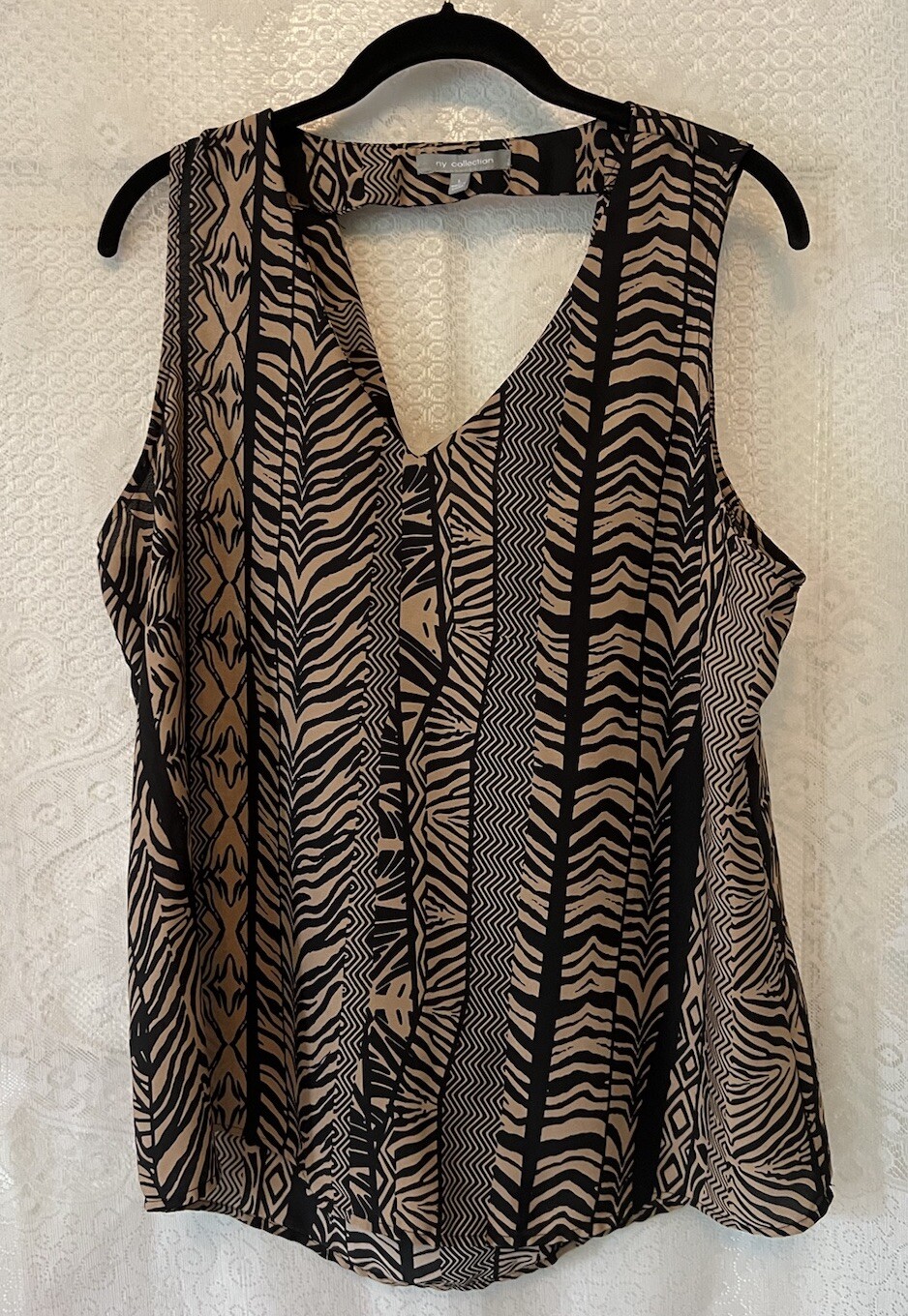 NY Collection Taupe Black Sleeveless Drape Back Top Large L