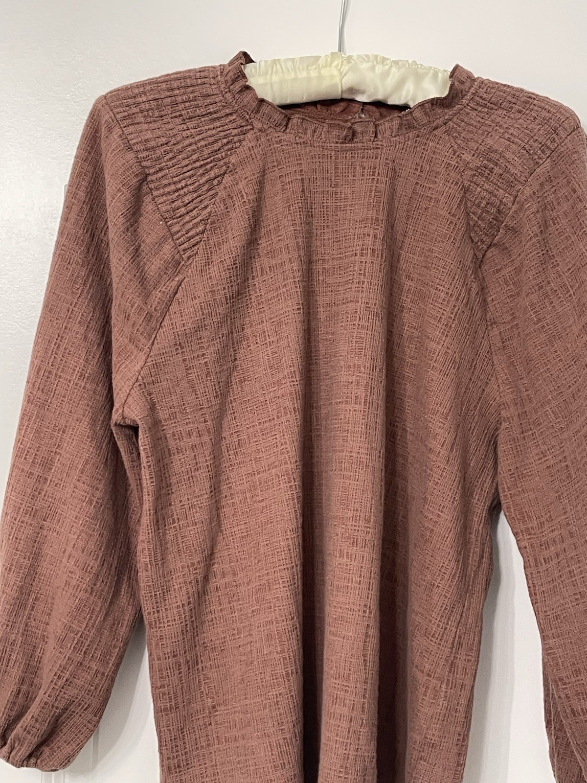 Current Air Anthropologie Brown Textured Ruffle Mock Neck Long Sleeve Top Size S