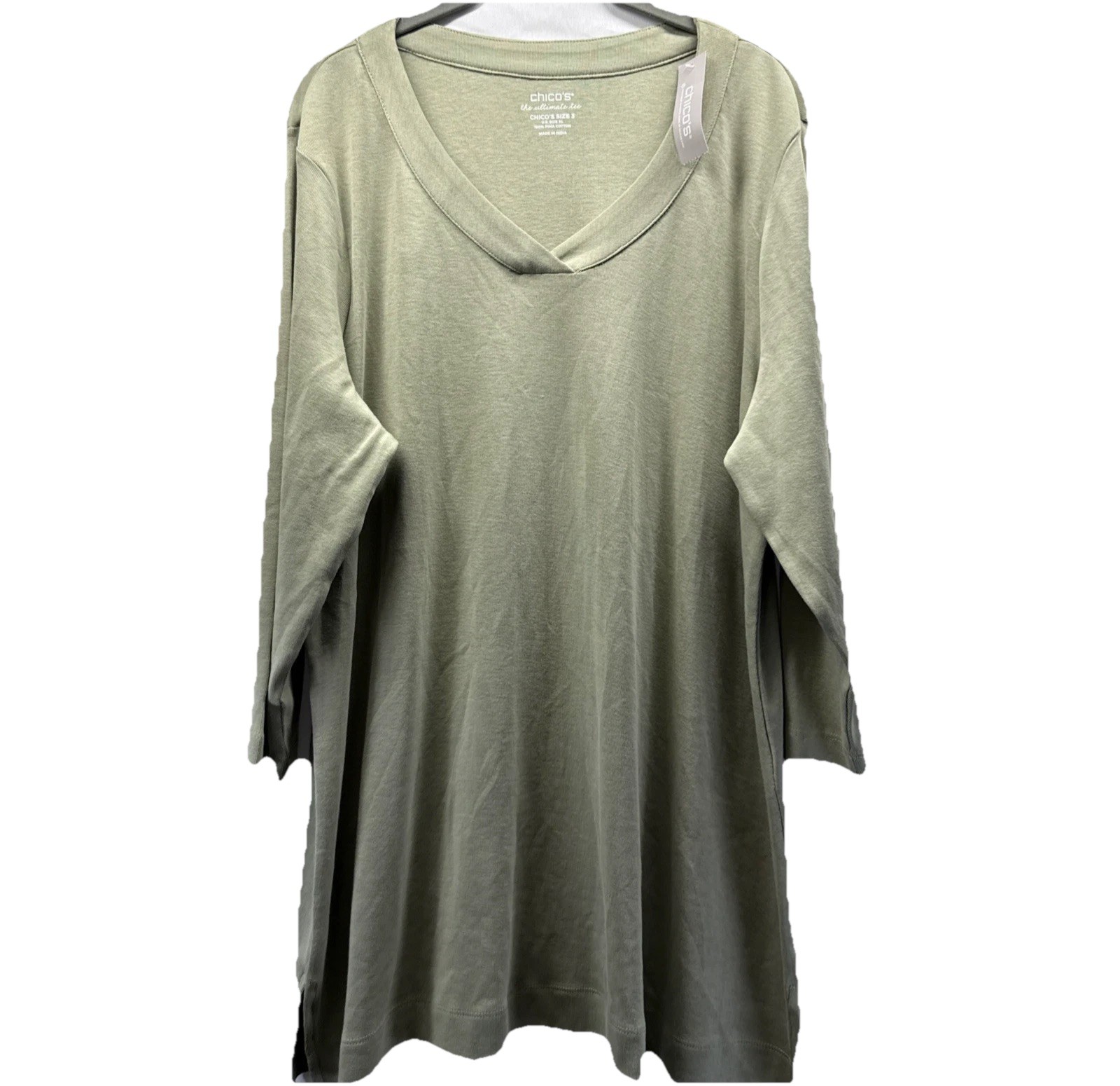 Chicos Ultimate Tee Tunic Top Size XL Solid Green V Neck 3/4 Sleeves Side Slits
