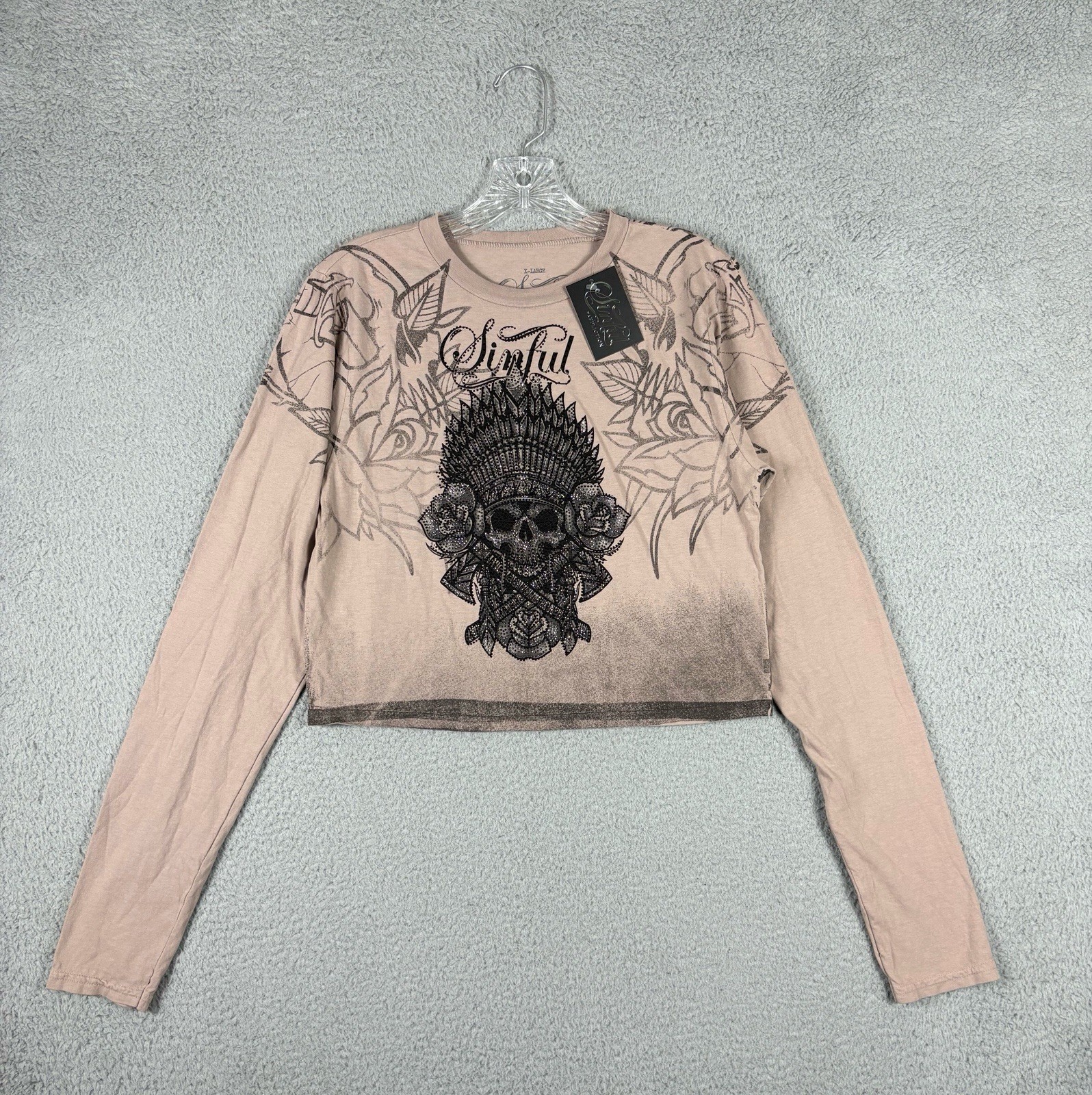 Sinful Affliction Cropped Top Women’s XL Beige Thunder Sky Rhinestone Grunge