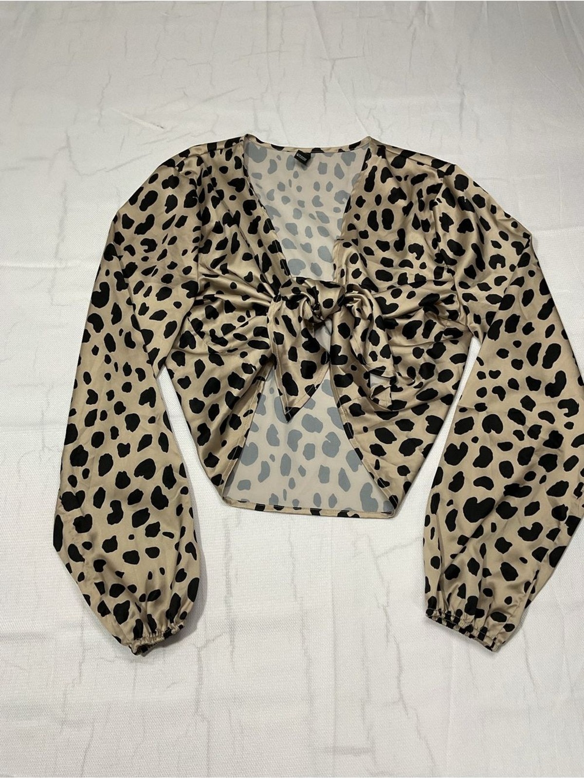 Windsor Black and Beige Leopard Tie-Front Long Sleeve Blouse