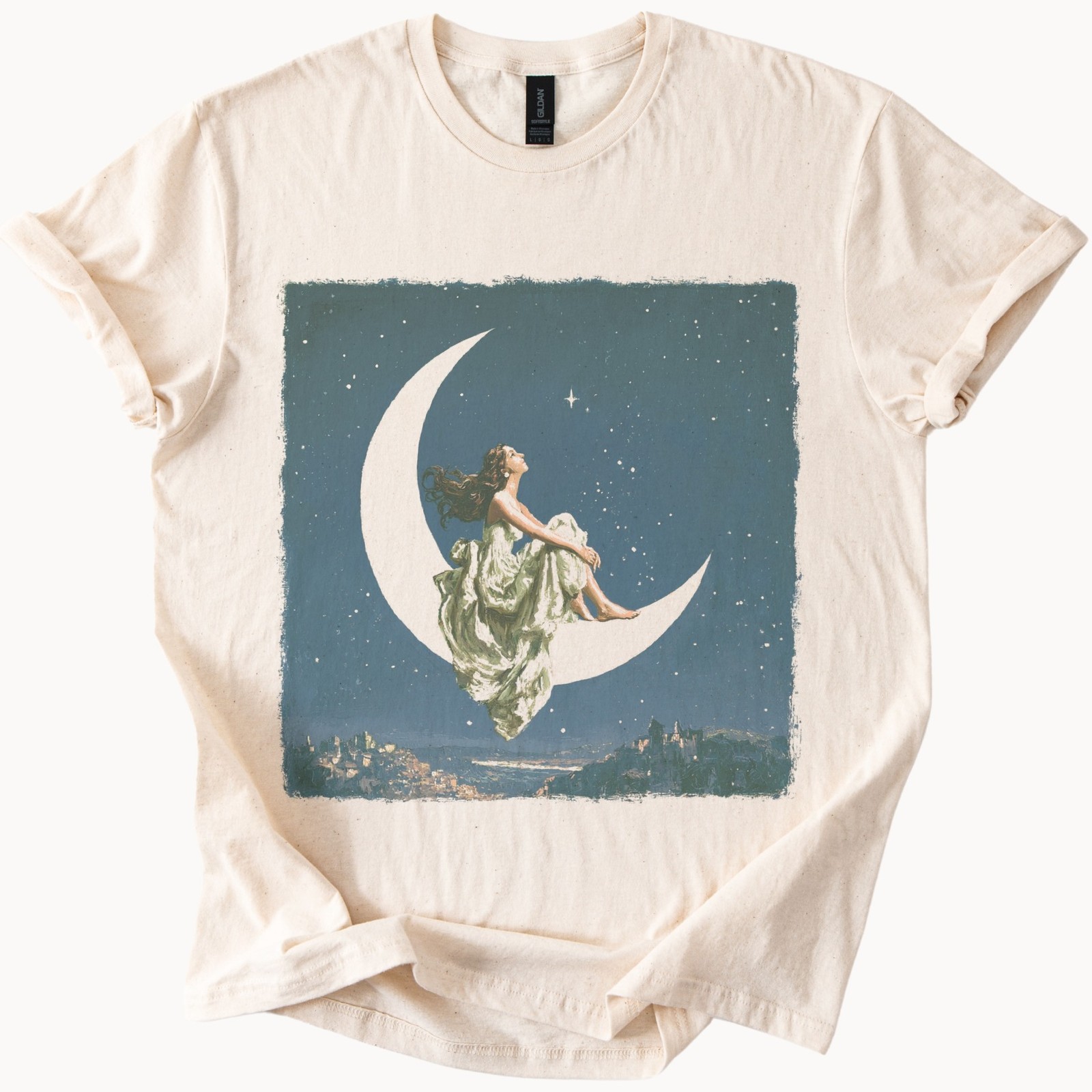 Dreamy Moon Girl Graphic Tee Vintage Celestial Night Sky Art