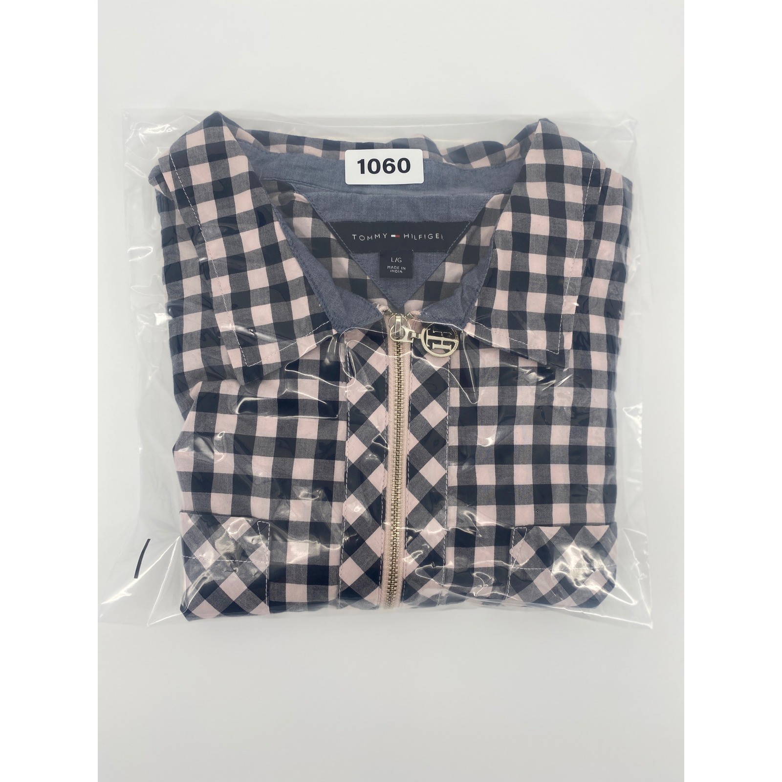 Tommy Hilfiger Quarter Zip Top Womens Large Pink Navy Gingham Check Excellent L