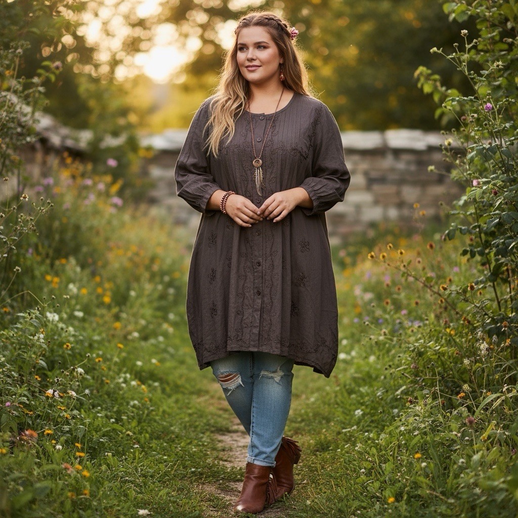 Denim24/7 Tunic Top Womens 2X Brown Embroidered Denim Boho Peasant Cotton Chic