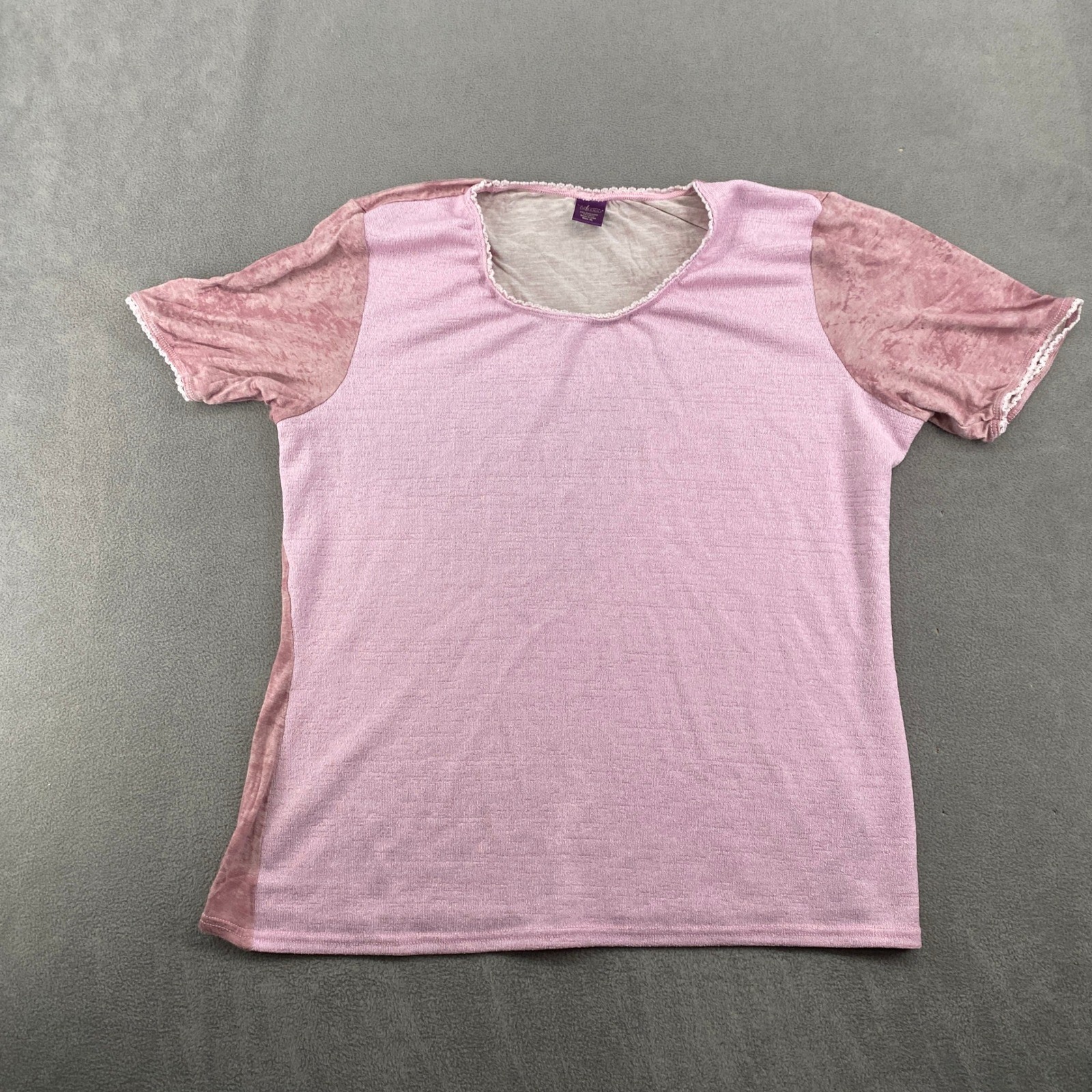 En Femme Style Pink Acid Wash Lace Trim Scoop Neck Tee Shirt XL Made in USA