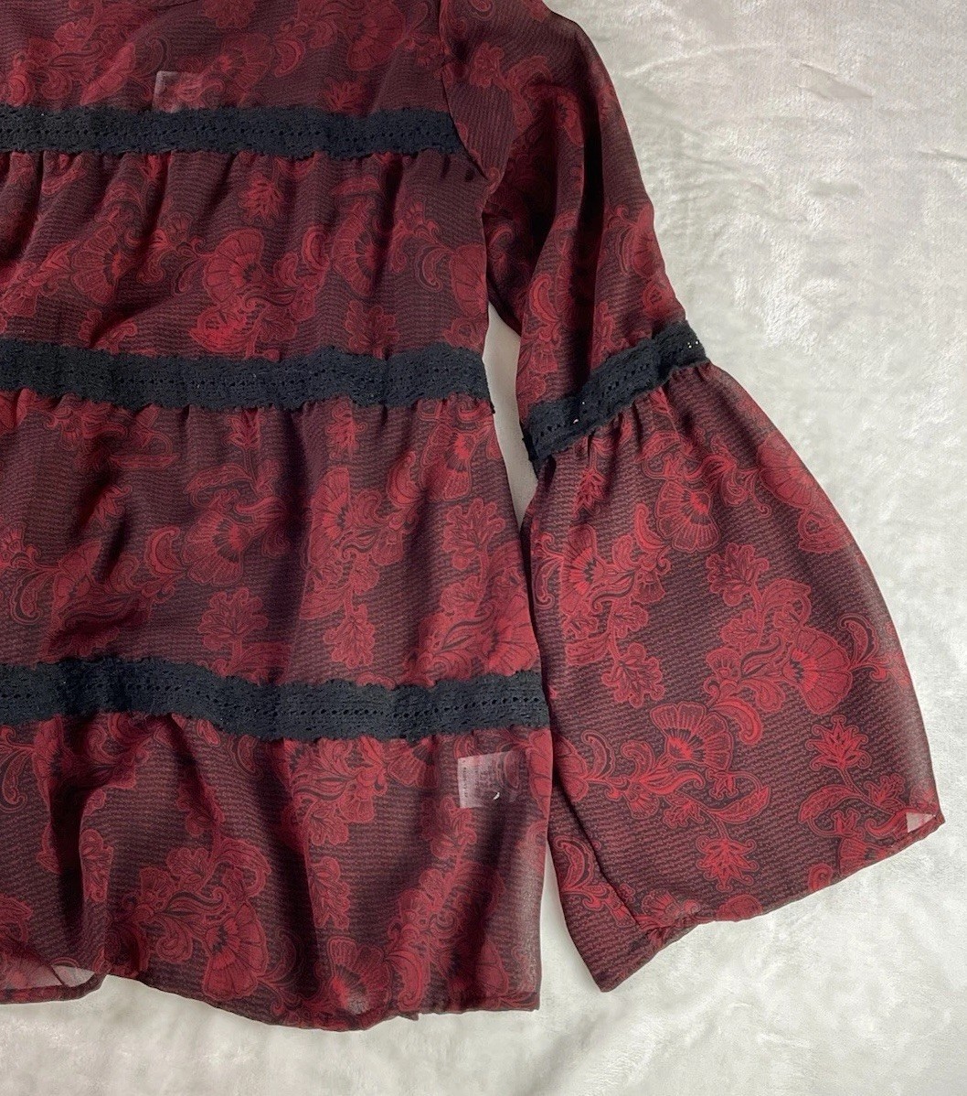 NWT GNW Black Red Floral Sheer Top SZ Large Flare Sleeve Dark Romantic Witchy