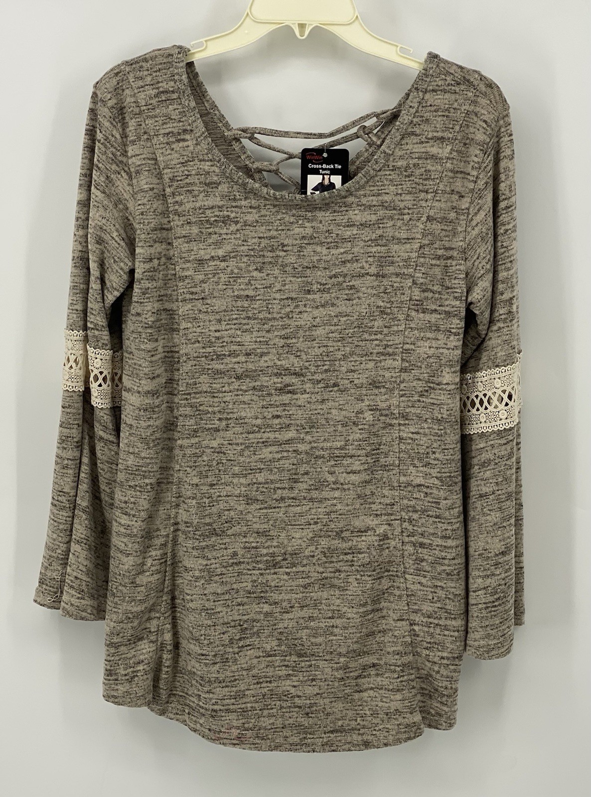 WinWin Crossback Tie Tunic Open Knit Bell Sleeve Blouse Size S/M Beige NWT