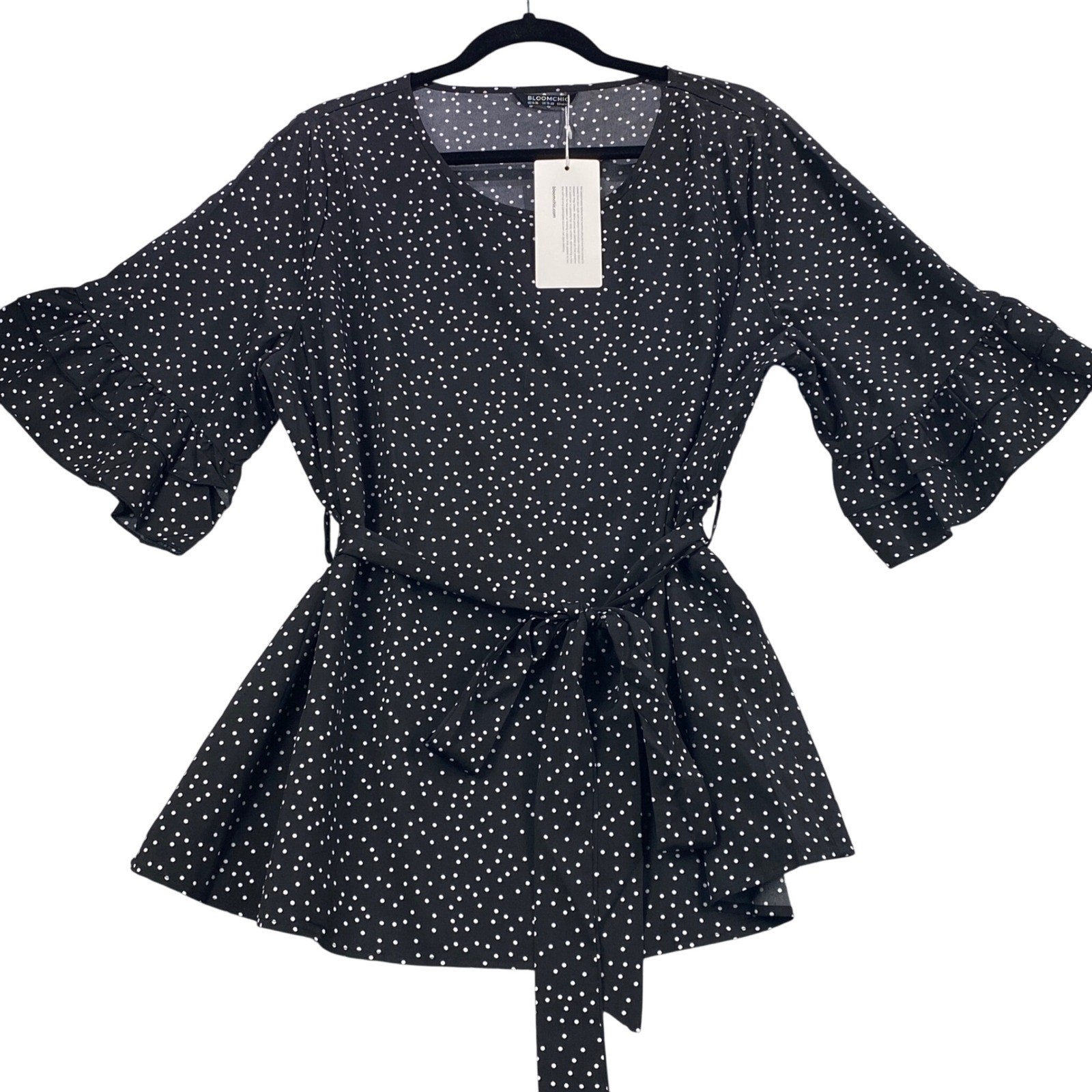 Bloomchic Womens Sz 14-16 Black White Polka Dot Ruffle Sleeve Belted Wrap Tunic