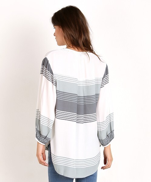 Faithfull The Brand Alice Shirt Size 8 White Gray Stripe Tassel V-Neck Relaxed