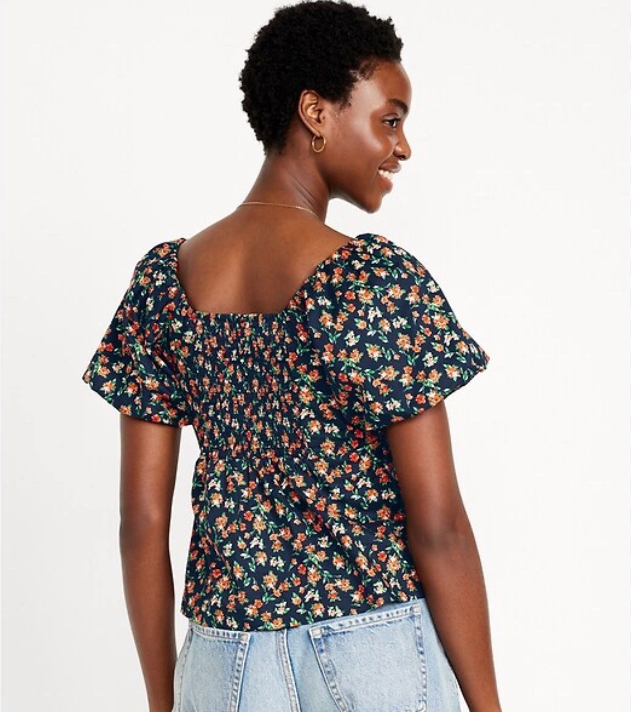 Old Navy Top Navy Orange Floral Puff Sleeve Square Neck Smocked M Cottagecore