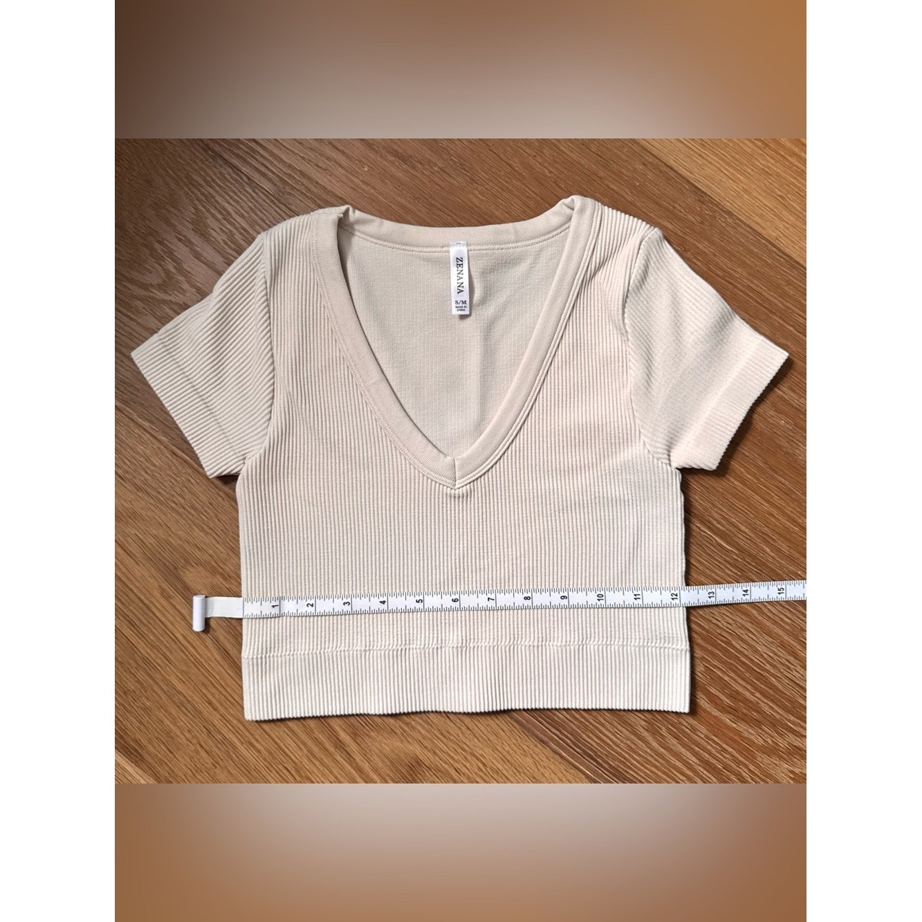 Ribbed V-Neck Crop Top – Beige