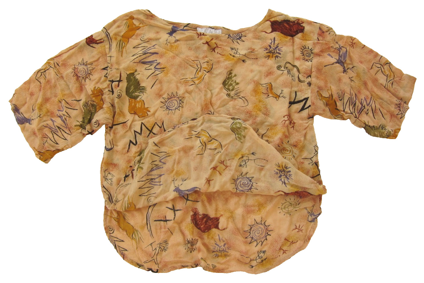Vintage New Aura 100% Rayon Brown Blue Green Horse Sun Boxy Blouse Medium