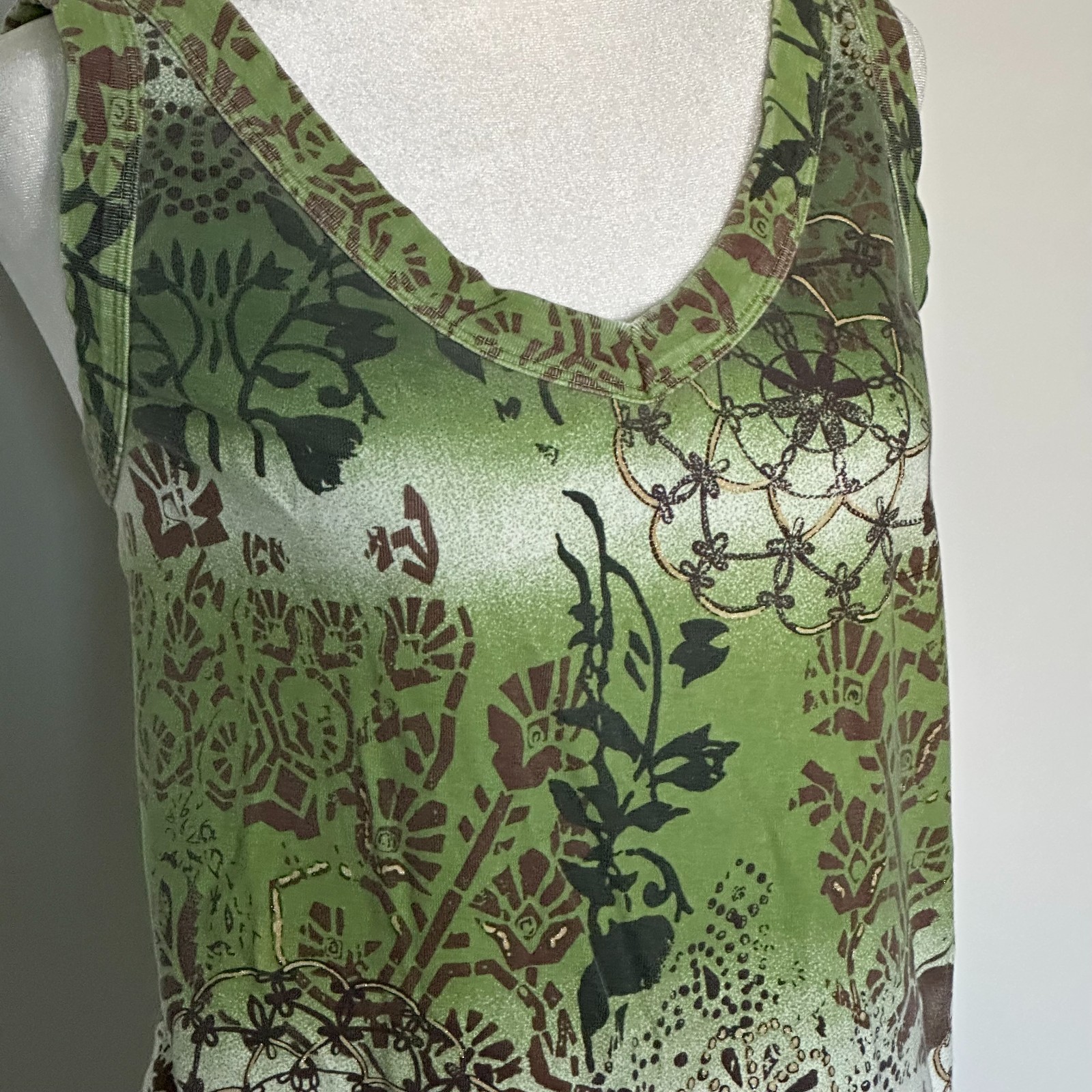 White Stag Y2K Green Brown Metallic Print V-Neck Tank Top Women’s XL
