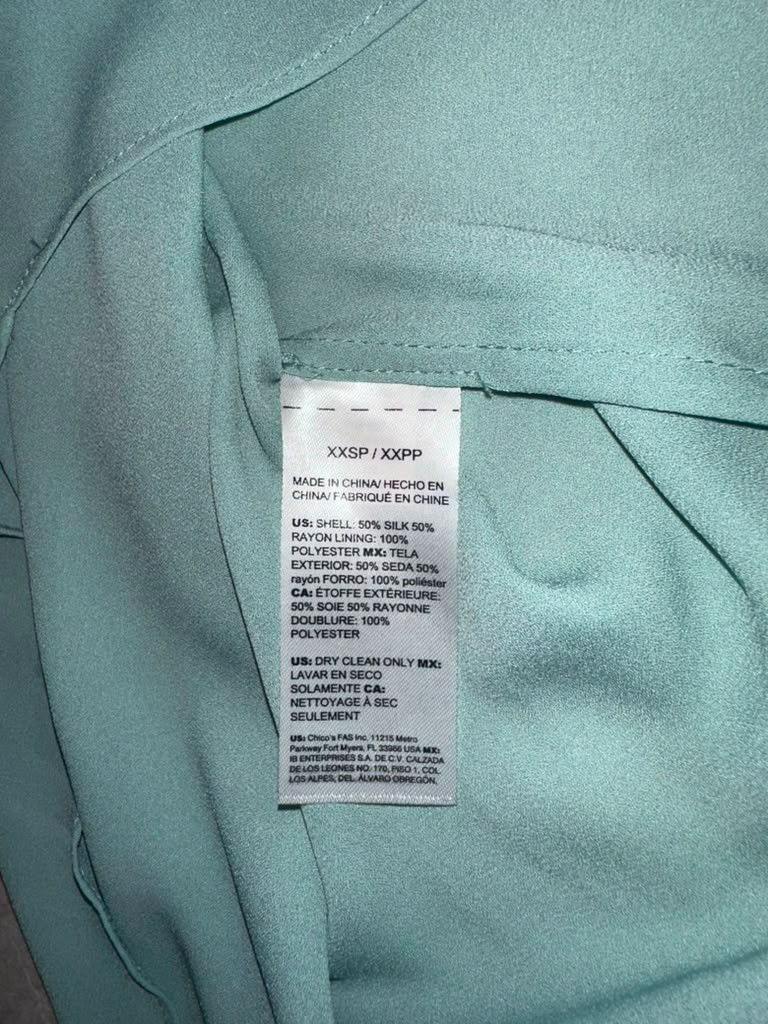 White House Black Market XXSP Petite Aqua Silk Blend Abstract Flutter Sleeve Top