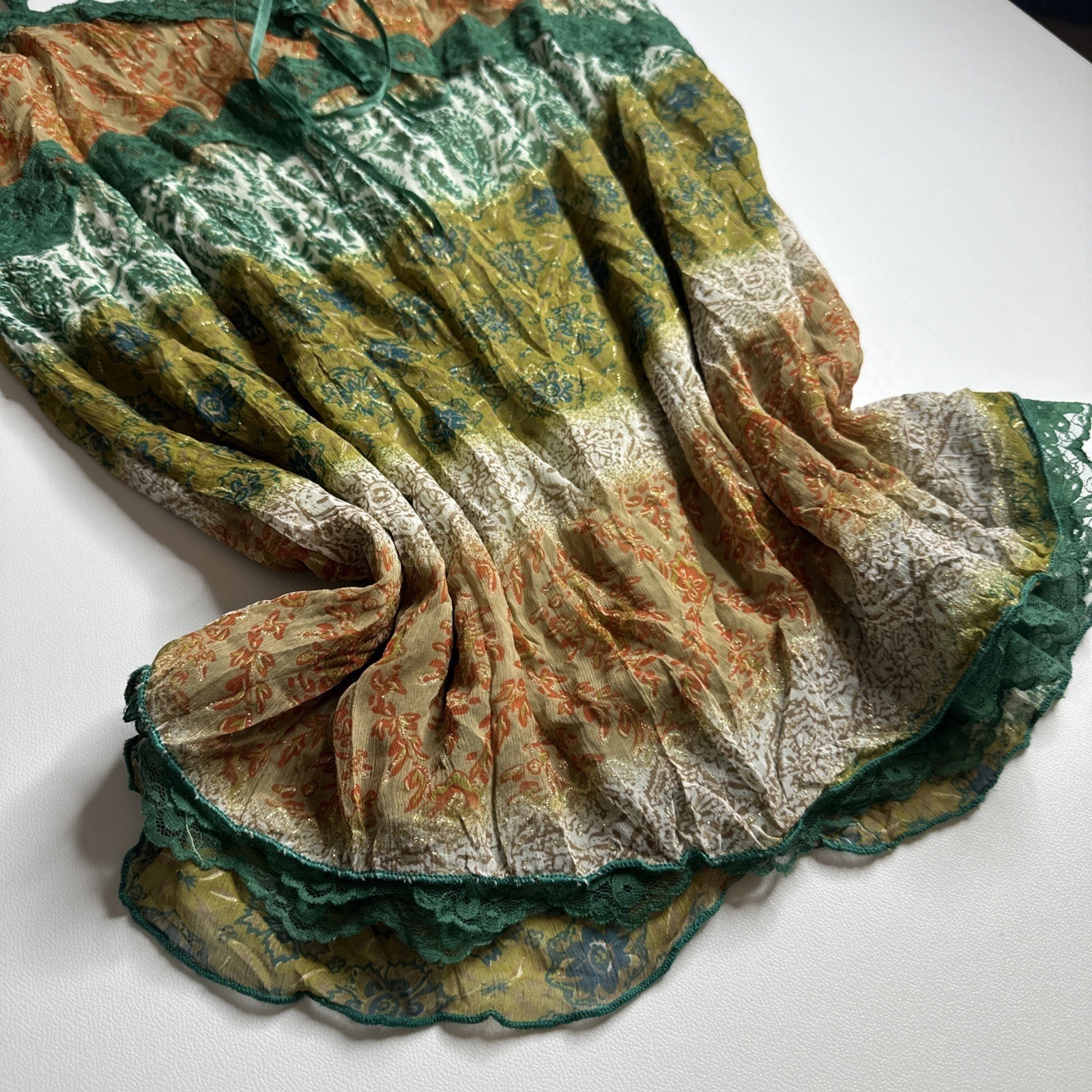 Boho Y2K Patchwork Layered Lace Cami Top M Festival Fairy Cottage Hippie Peasant