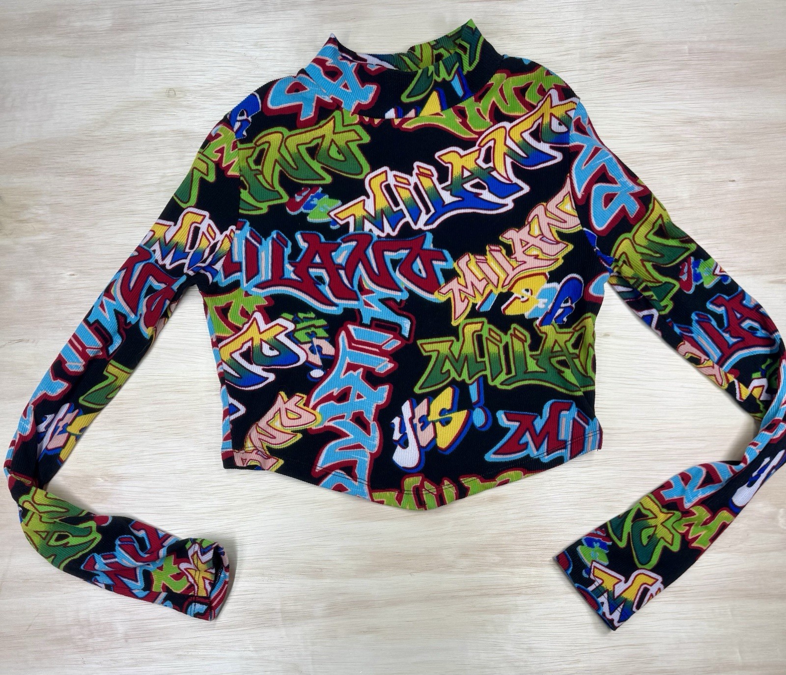 Women Junior Girls City Subway Graffiti Ribbed Crop Top Long Sleeve Just Polly