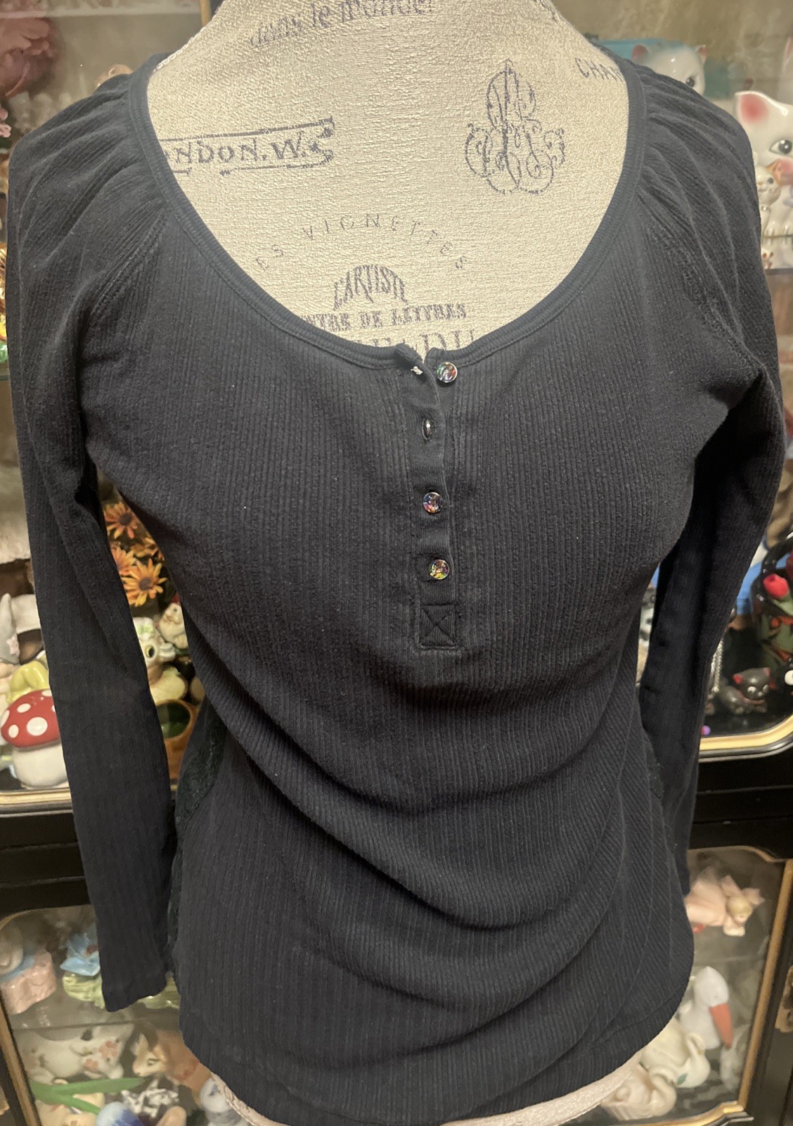Derek Heart Black Cotton Long Sleeve Shirt Top Ribbed Button Henley Western Lg