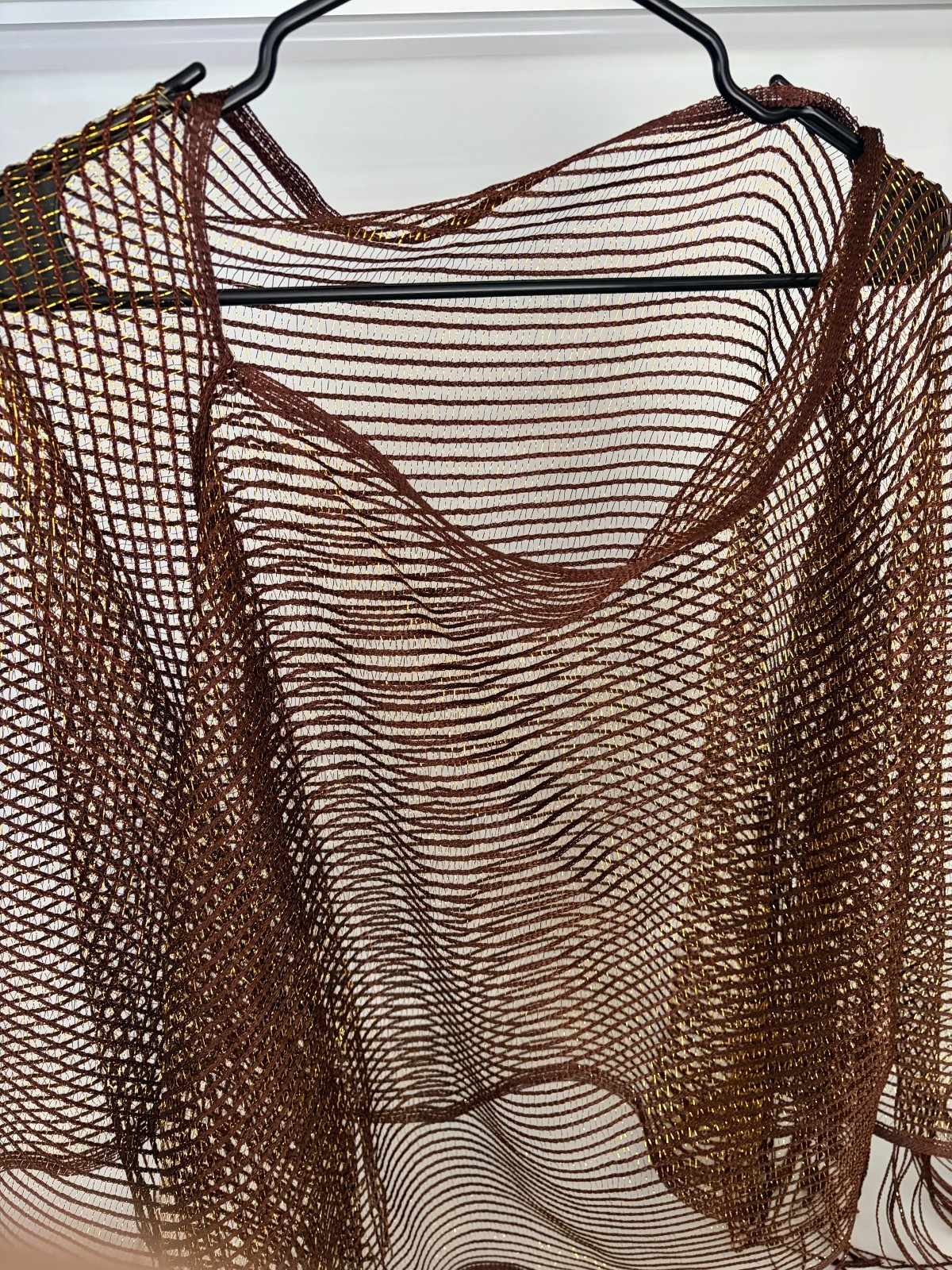 Brown Gold Metallic Poncho With Fringes Sparkling Over Shoulder Cape Top 1 SZ