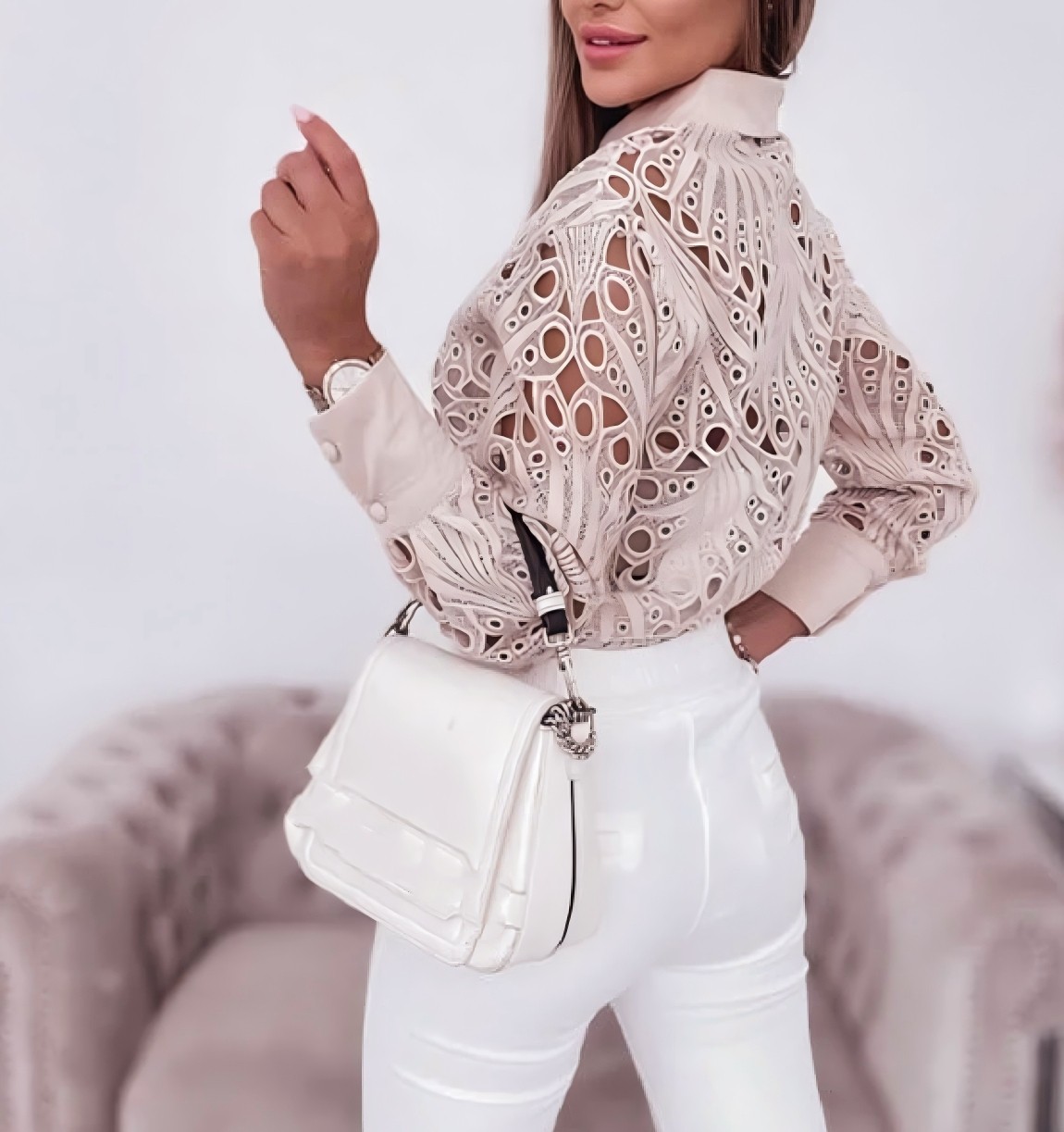 Blouses Hollowed Out Long Sleeved Shirt Solid Button Up Lapel Open Front Camisas