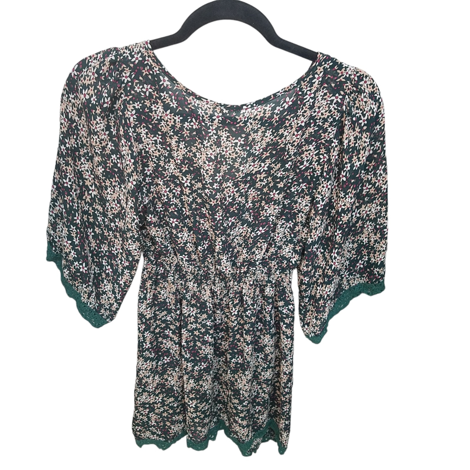 Blu Pepper Womens Sz M Green Floral Short Sleeve Long Blouse