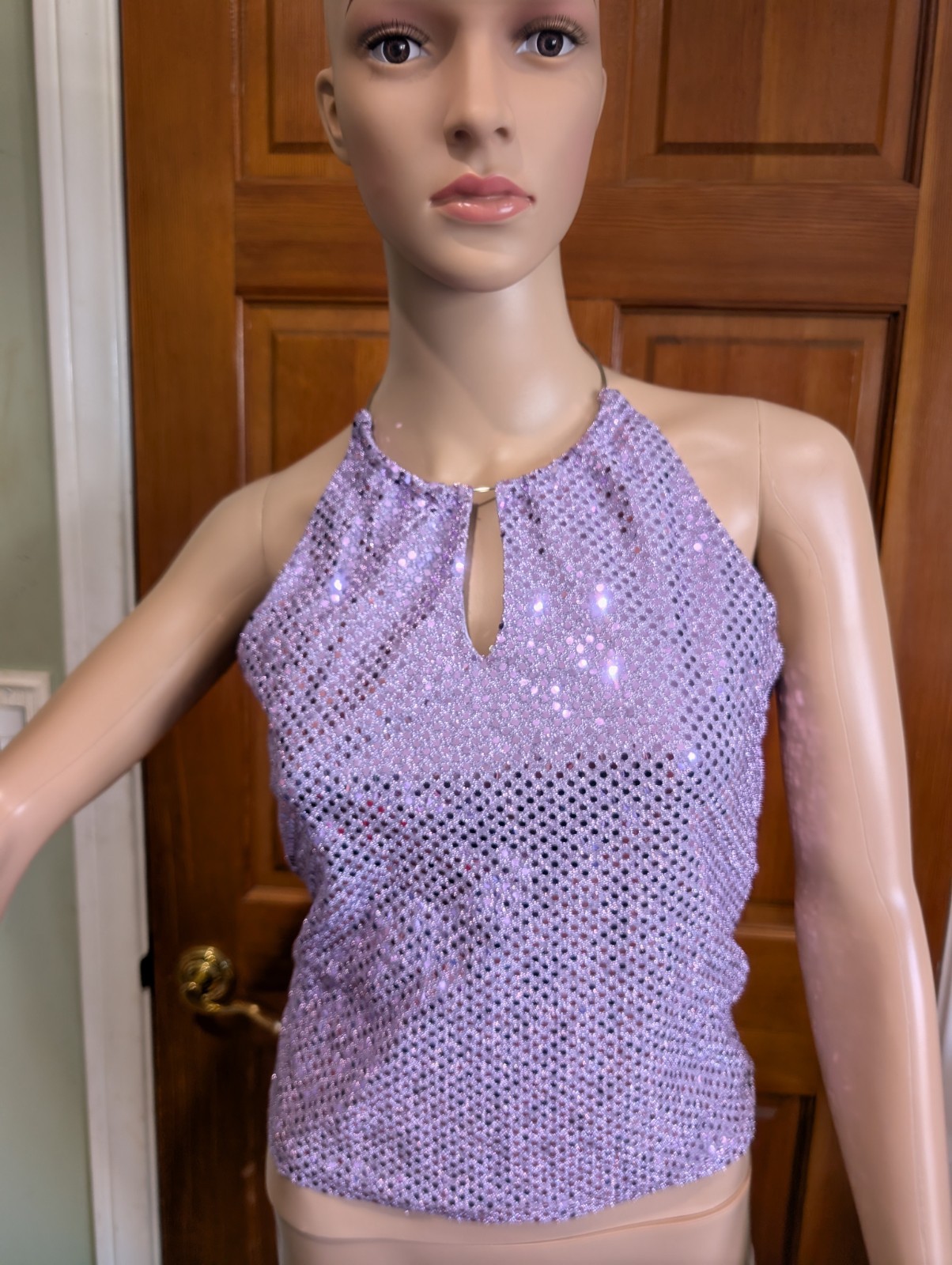 Eye Candy Sequin Crop Top Womens Lavender Neck ring Lined See Photo size