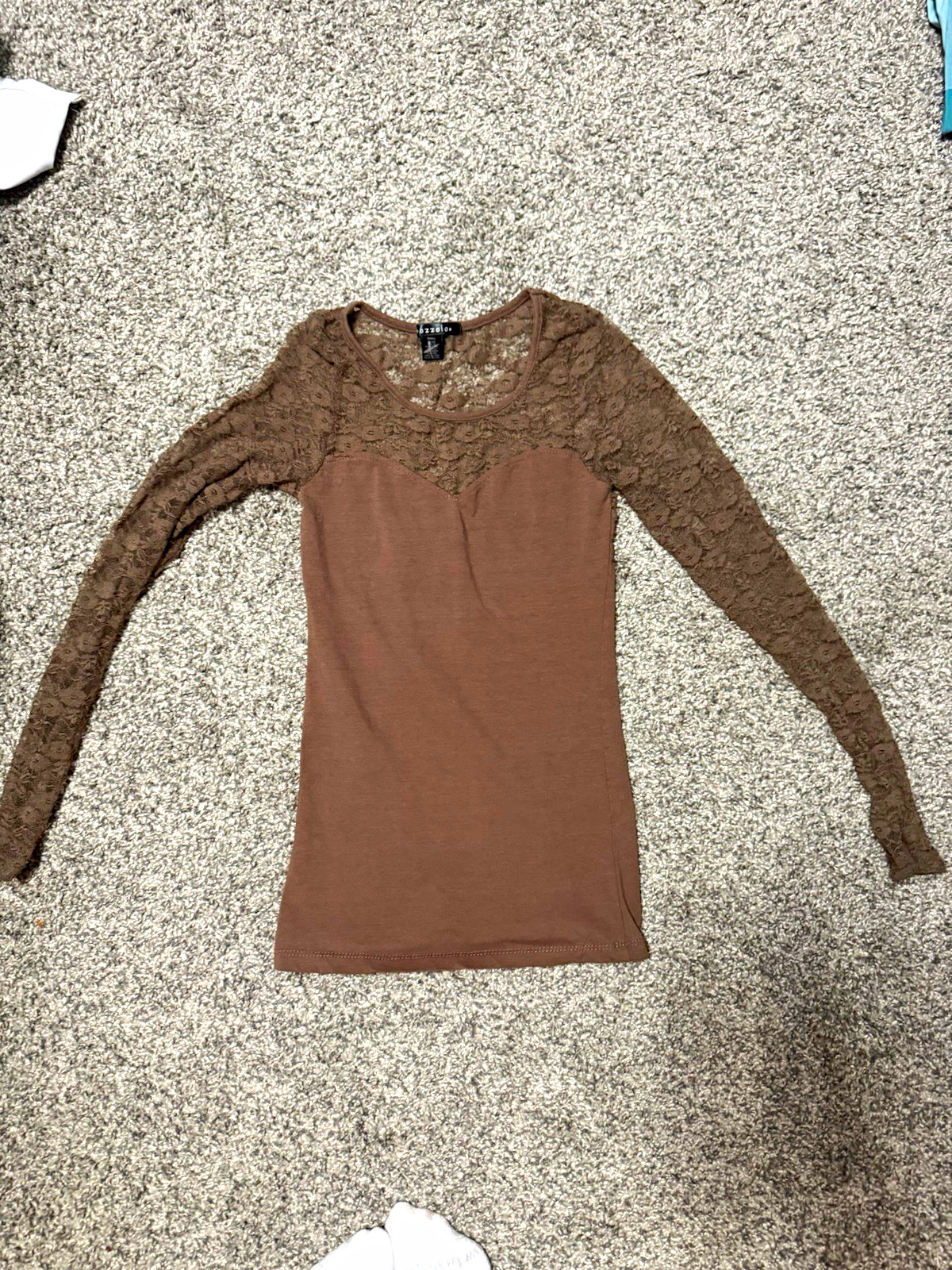 Bozzolo Womens Brown Lace Long Sleeve Round Neck Pullover Stretch Top S