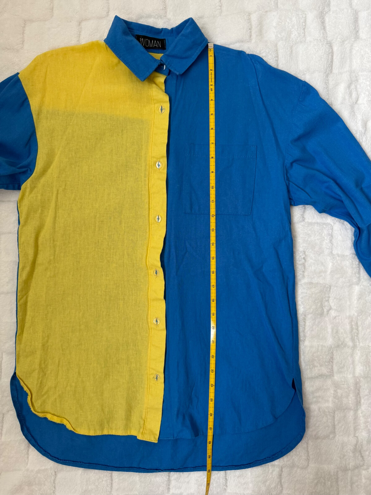 Shirt Blue Yellow Colorblock Oversized 100% Linen Long Sleeve XS S M L One size