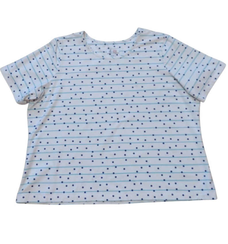 d & co Blouse Women 2X White Blue Striped Knit Polka Dots Stretch Short Sleeves