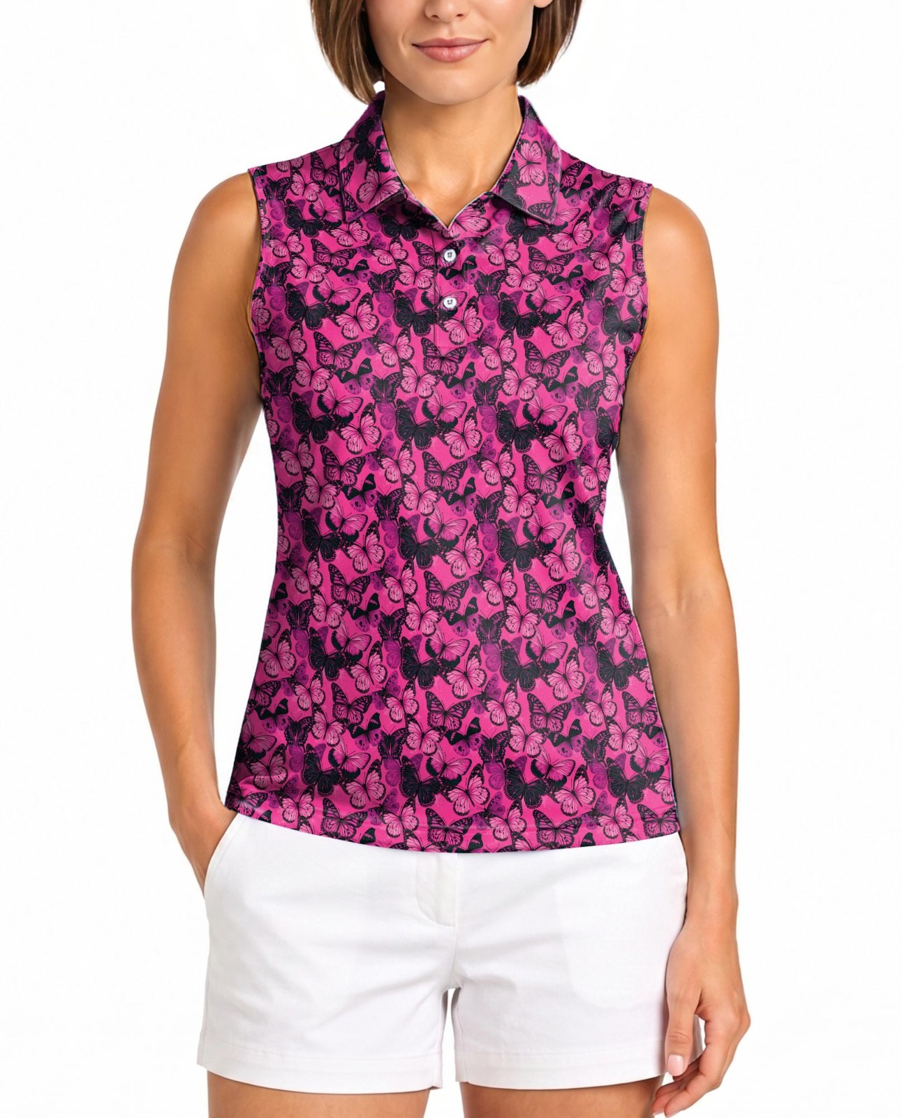 Women Sleeveless Polo Shirt Butterfly Animal Print Hot Pink Top