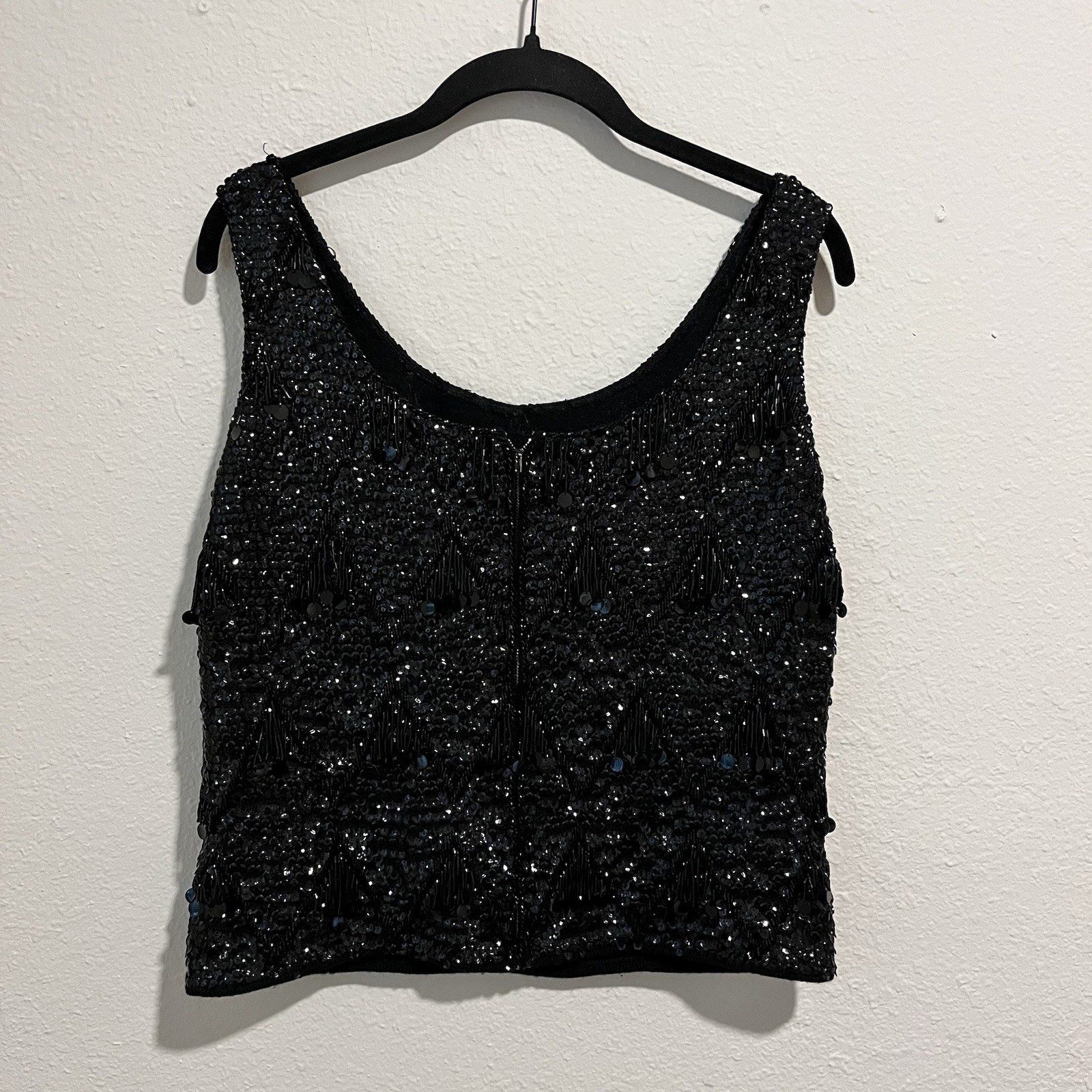 Vintage Jo Ro Imports Women’s Top Size L Beaded Sequin Fringe Black Pure Wool