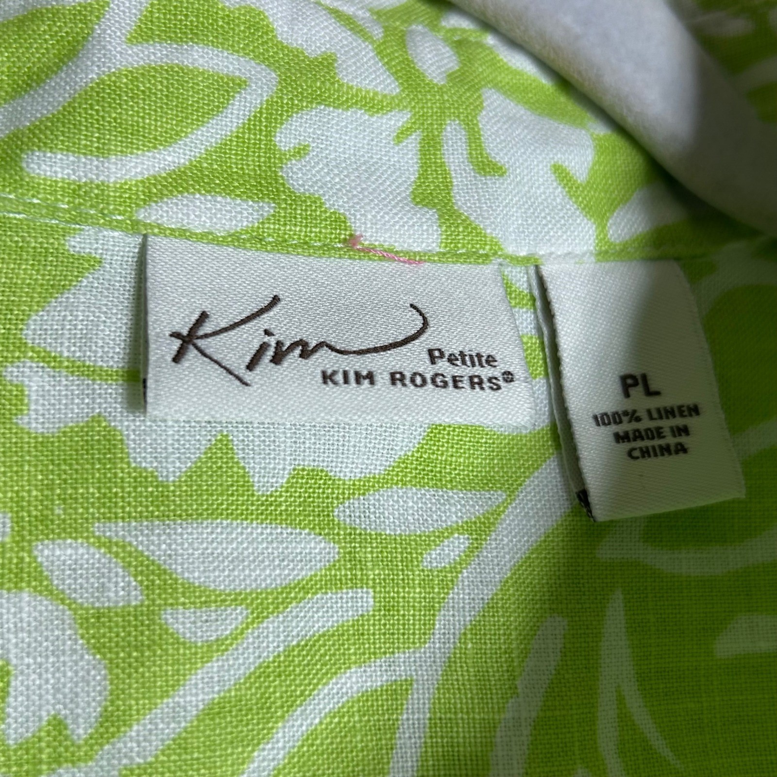 Kim Rogers Linen Shirt Womens PL Lime Green Floral Short Sleeve Coastal Summer