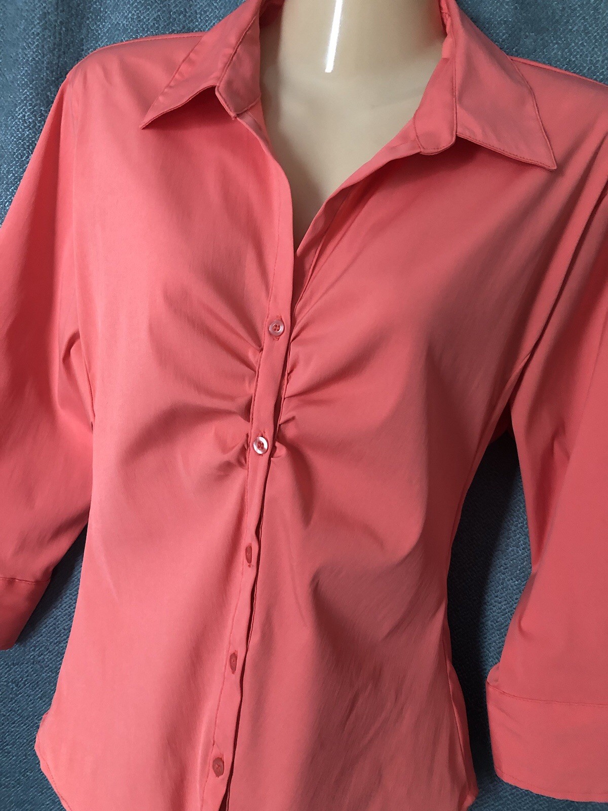 Easy Care Blouse Sz XL Peachy Pink 3/4 Sleeve Gathered Bust Button Down Stretch