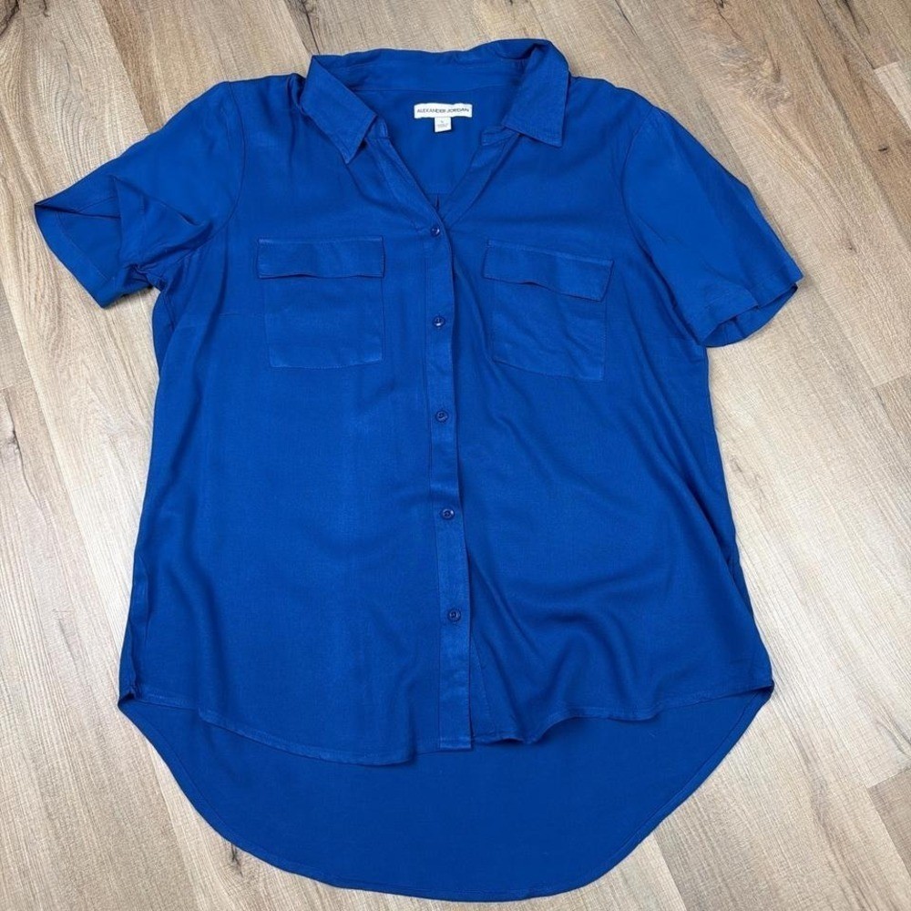 Alexander Jordan Royal Blue Rayon Button Front Blouse Short Sleeve Women’s Large