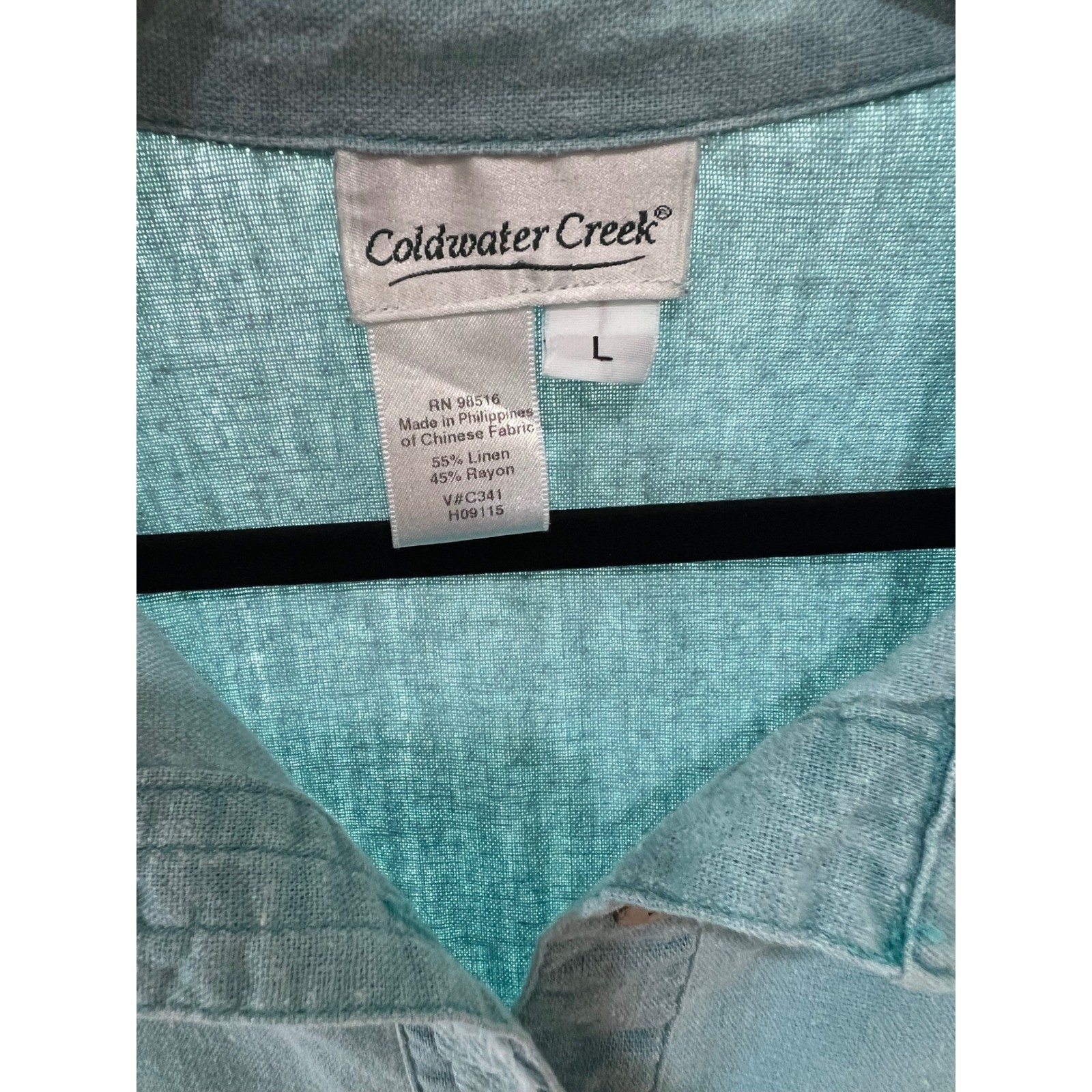 Coldwater Creek Linen Blend Coastal Blue Green Fringed Button Down Top Large