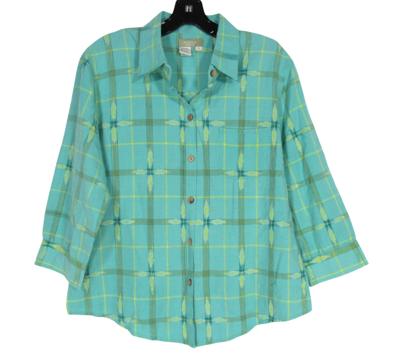 THE TERRITORY AHEAD Green/Yellow Plaid TWILL Button-Up POCKET Shirt/Top Sz L