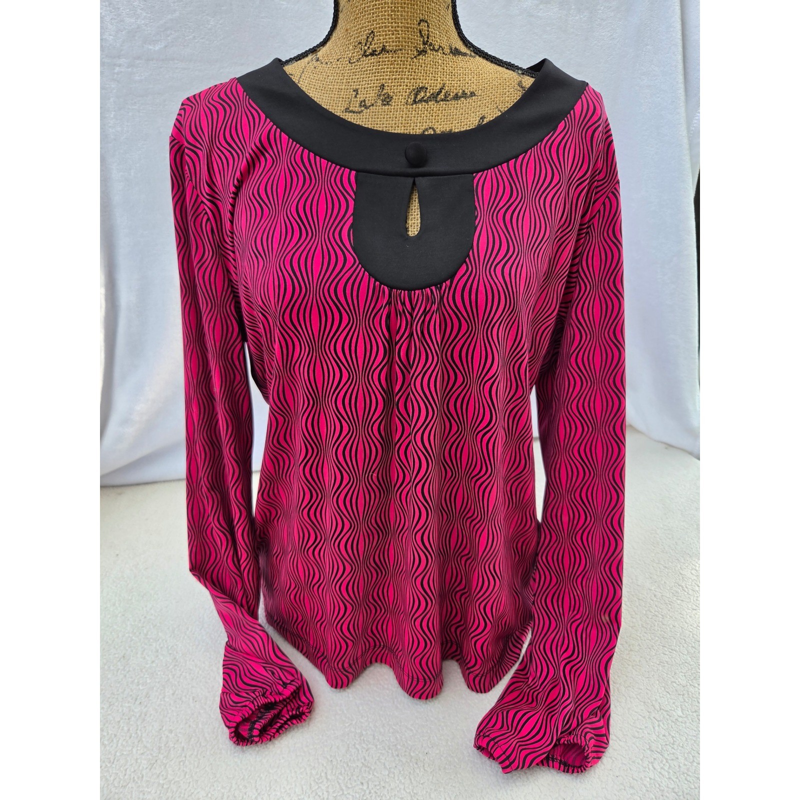 Worthington Blouse Women XL Pink Black Psychedelic Mod Keyhole Long Sleeve Good