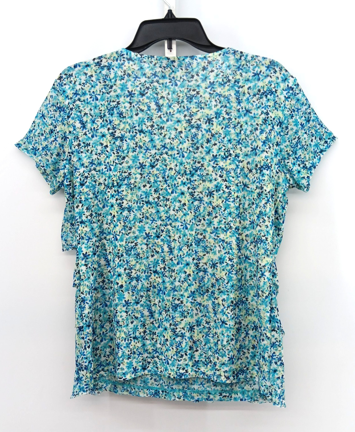 Nue Options Blouse Womens Medium Blue Mini Floral Ruffles Sheer Back Lined Top