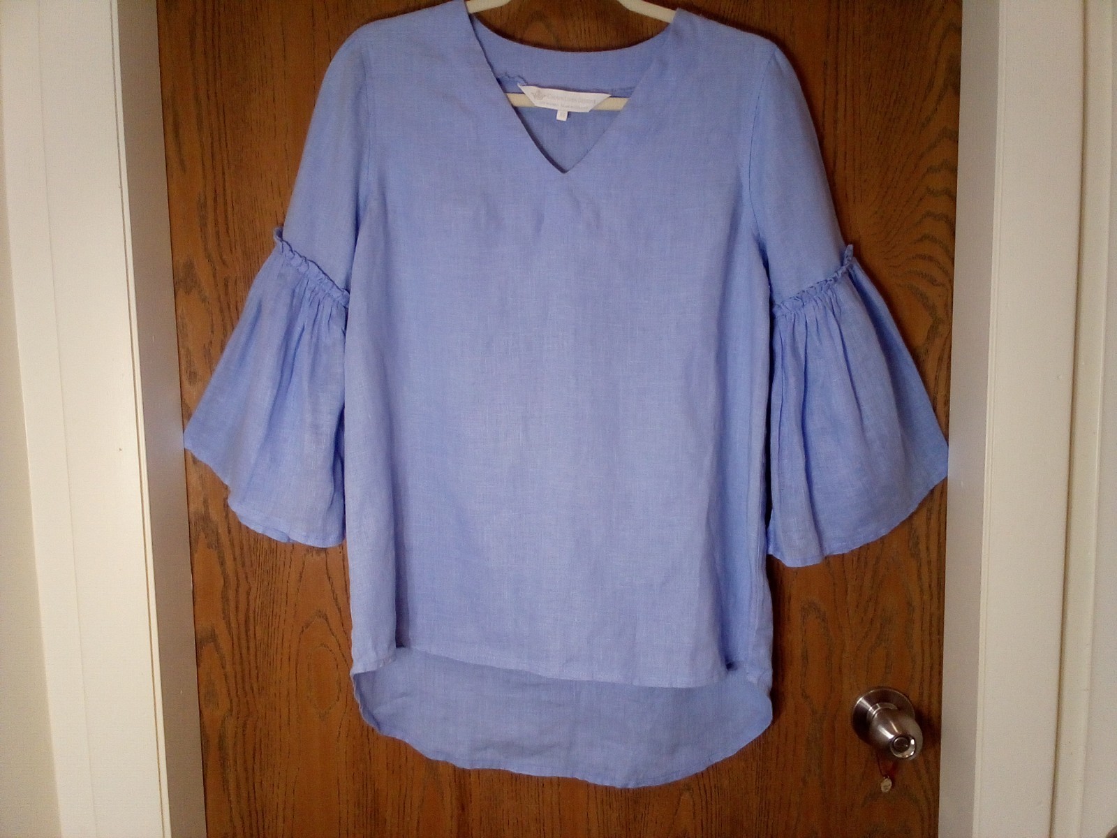 Crown Linen Designs Periwinkle European Linen 3/4 Bella Bell Sleeve Top Sz XS