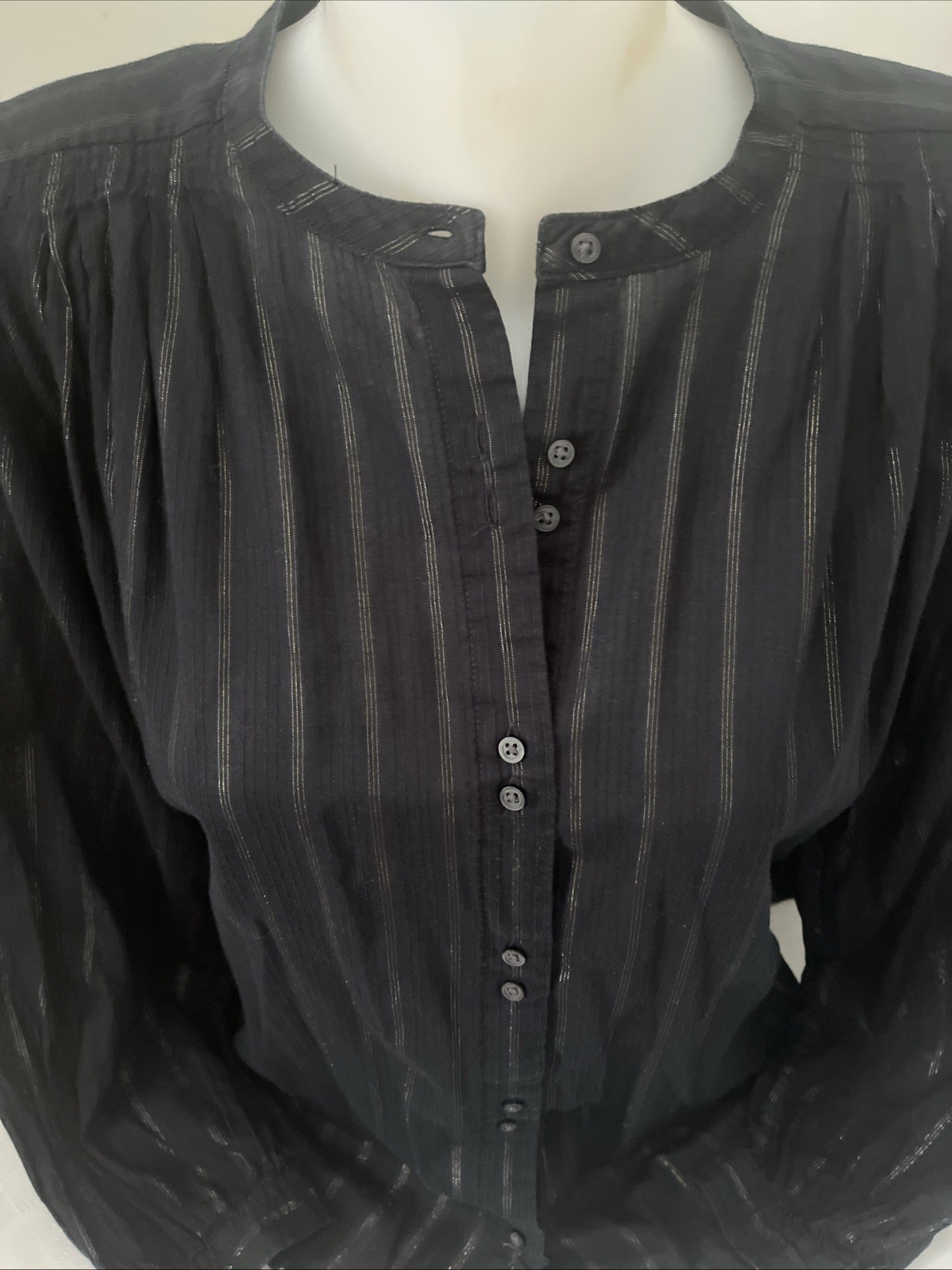 Gap Womens Blouse Button Collarless Peasant Top Metallic Stripes Cotton Black PS