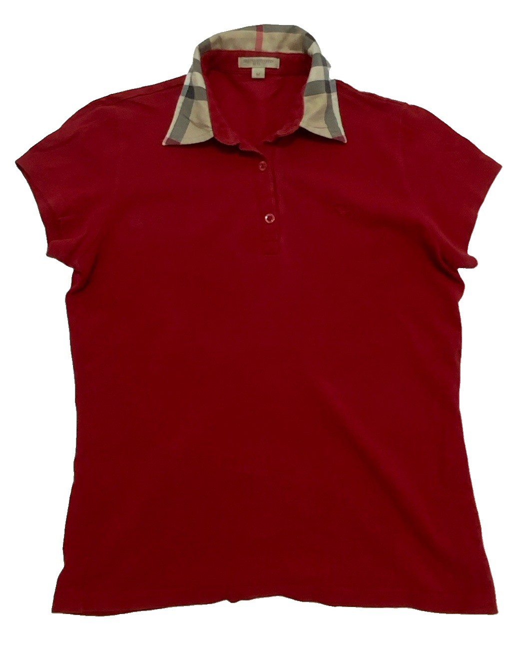 BURBERRY BRIT women’s Polo Shirt In Red W A Plaid Collar & Logo Detail Size.M GC