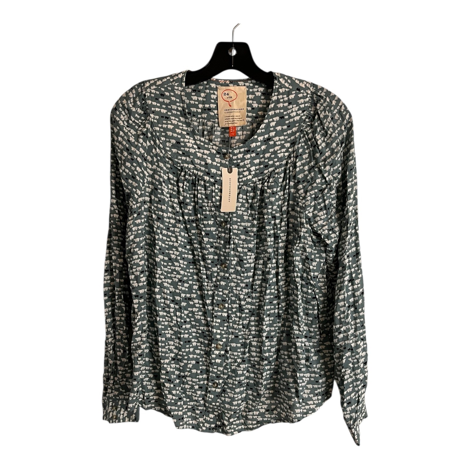 Anthropologie Conversations Polar Bear Print Button Down Blouse Blue Green Sz 12