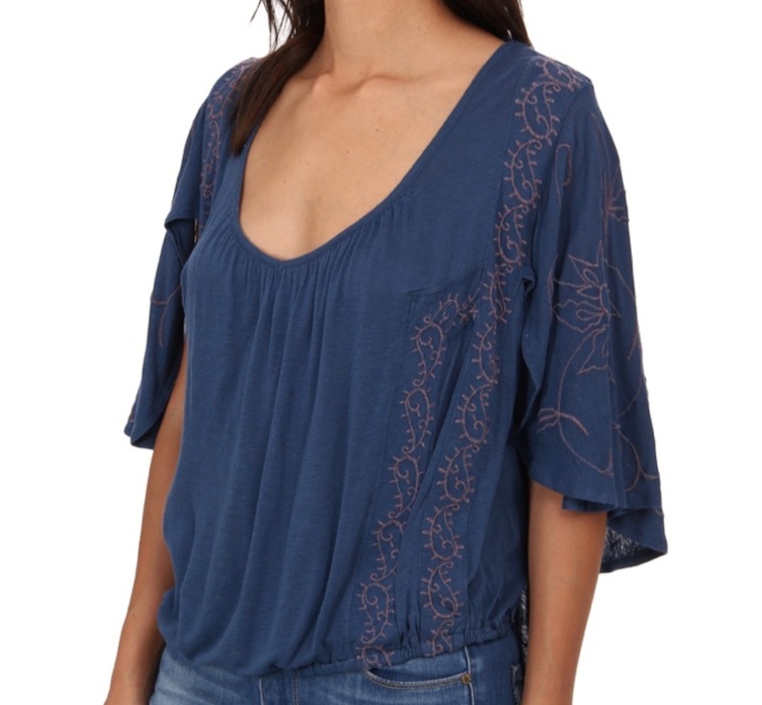 NWT Free People Sevilla Embroidered Blouse in Oil Blue X Small