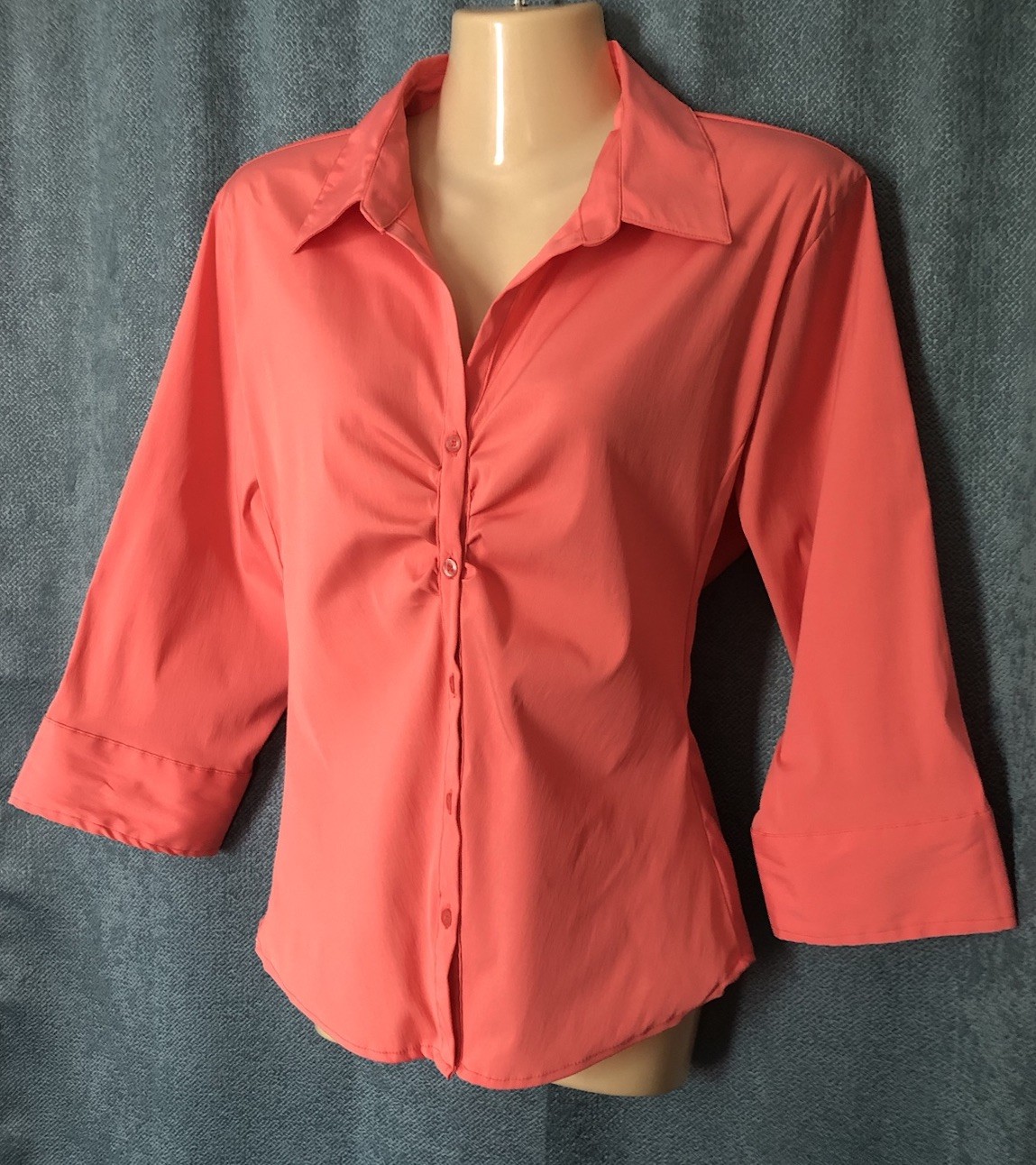 Easy Care Blouse Sz XL Peachy Pink 3/4 Sleeve Gathered Bust Button Down Stretch