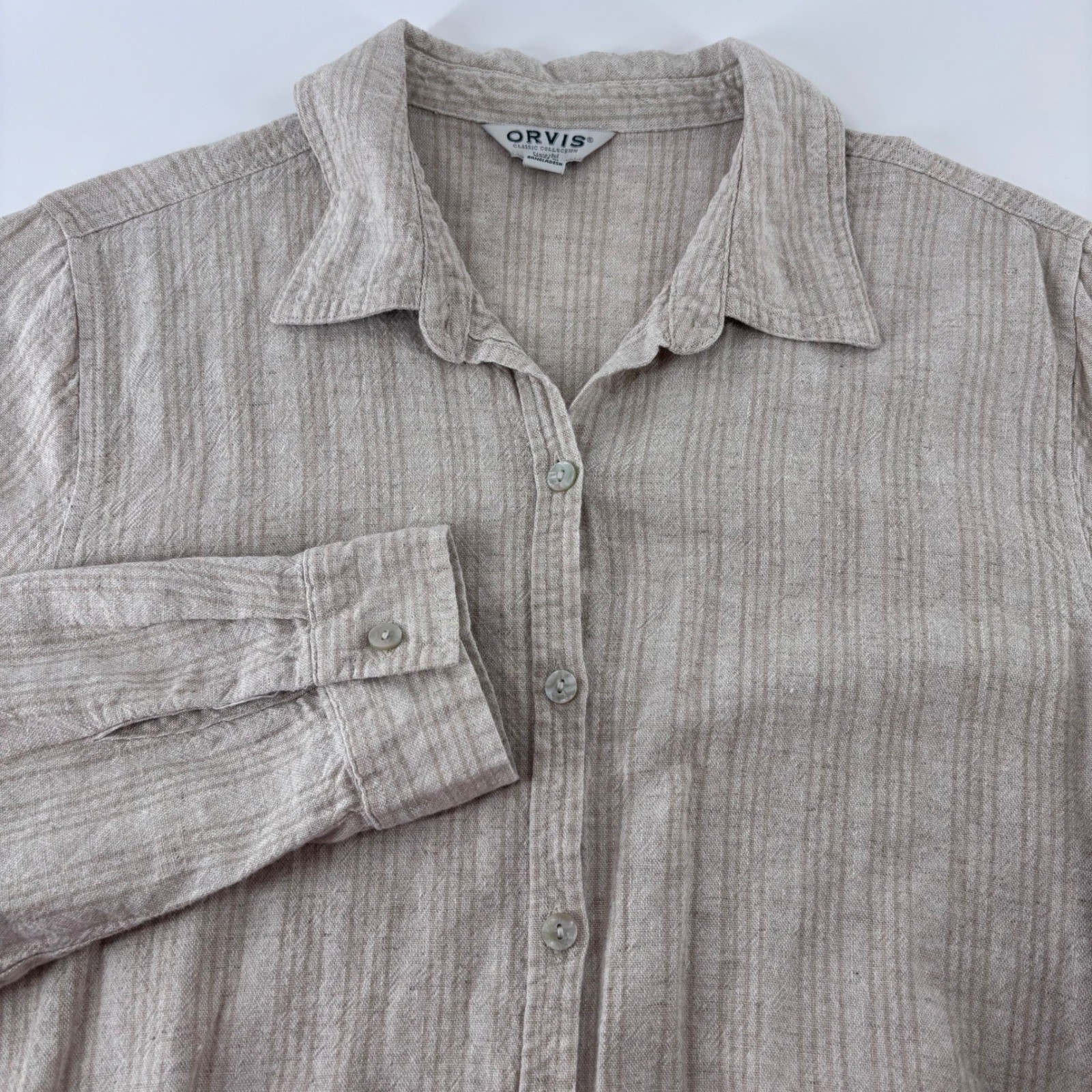 Orvis Button Down Shirt Womens Medium Beige Linen Rayon Striped Casual Top