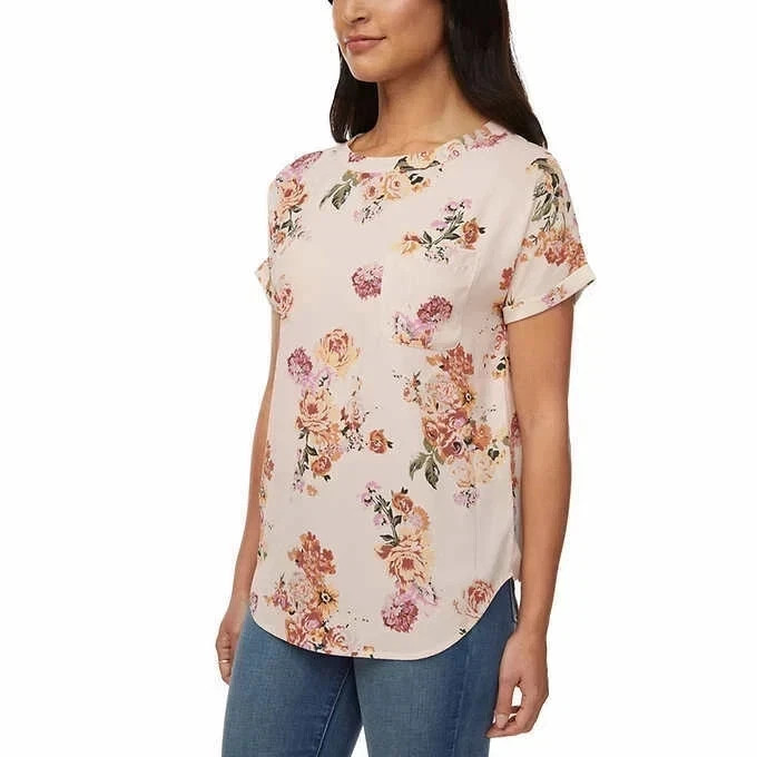 Buffalo David Bitton Womens Woven Patch Pocket Blouse, Ivory Blossom, Small, New
