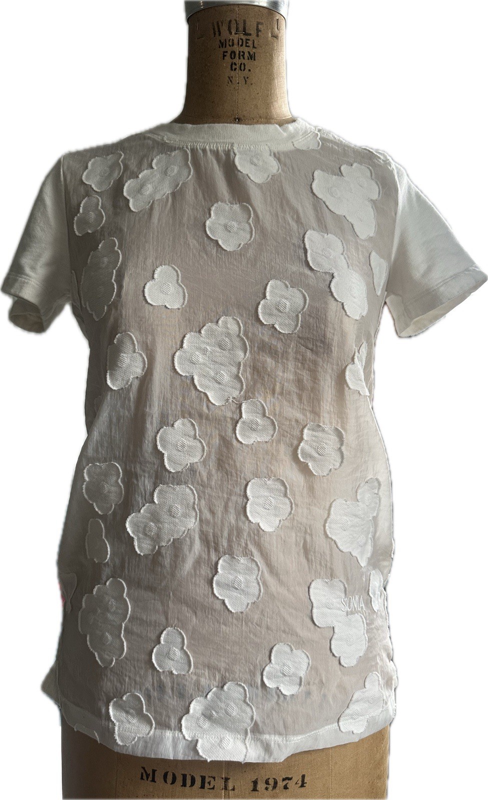 Designer Sonia By Sonia Rykiel Sheer Flower Women’s Top White Chiffon