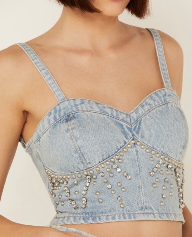 NWT BLANK NYC Light Wash Starstruck Embellished Denim Crop Top MED Festival Hot